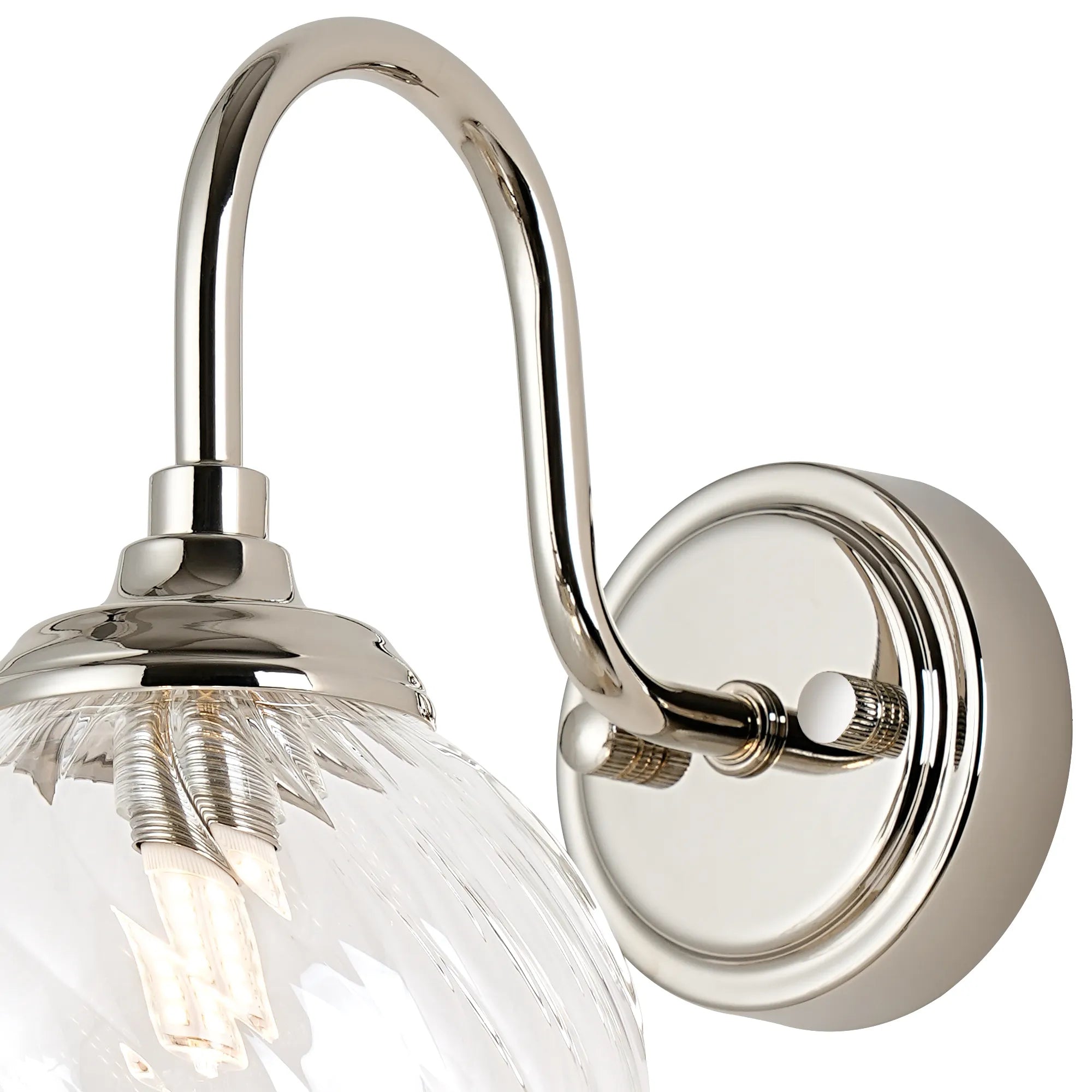 Dene Curved Arm Wall Light - 1 Light - IP44 Polished Nickel & Clear Swirl Round Glass