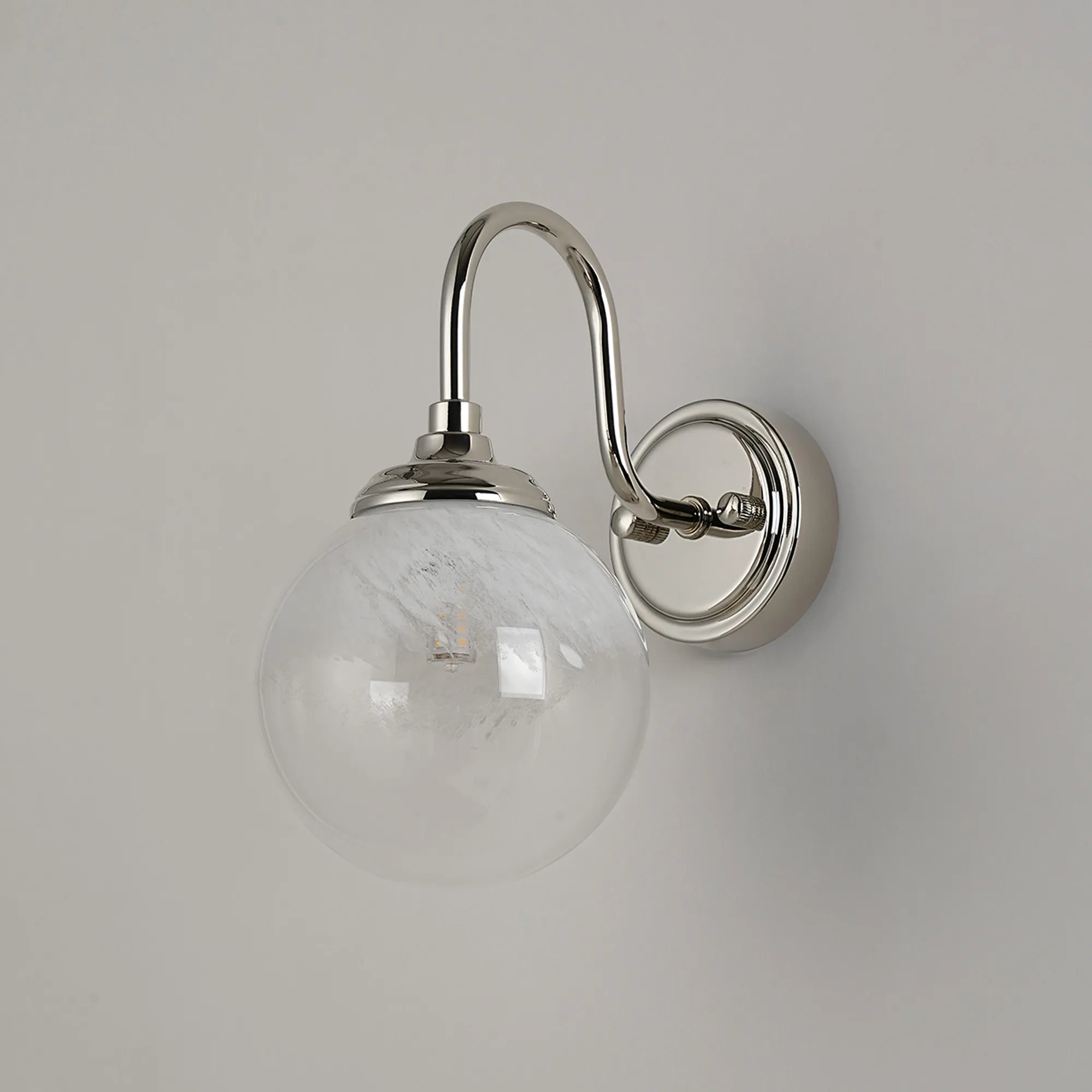 Dene Curved Arm Wall Light - 1 Light - IP44 Polished Nickel & White Two-Tone Snow Specks Round Glass
