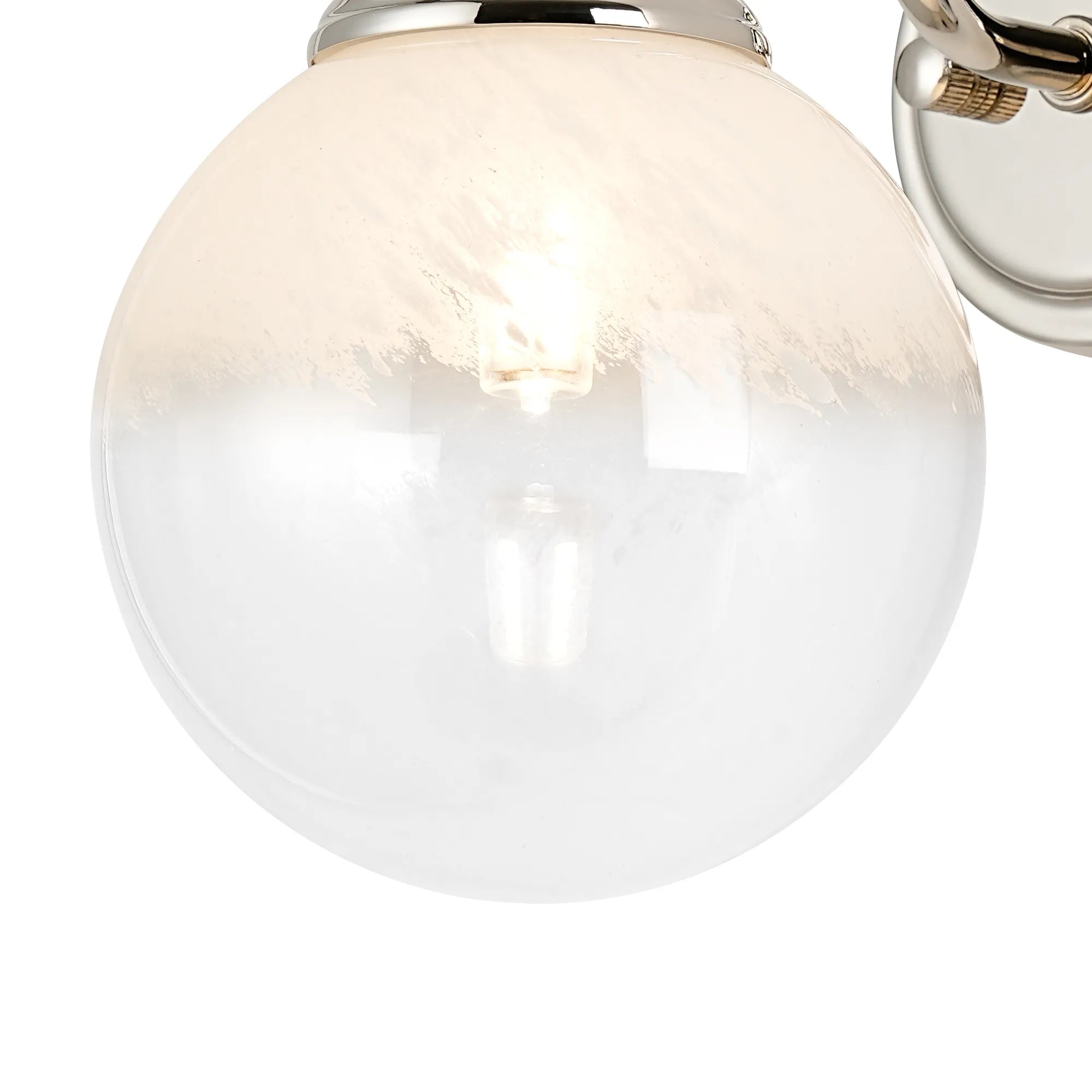 Dene Curved Arm Wall Light - 1 Light - IP44 Polished Nickel & White Two-Tone Snow Specks Round Glass