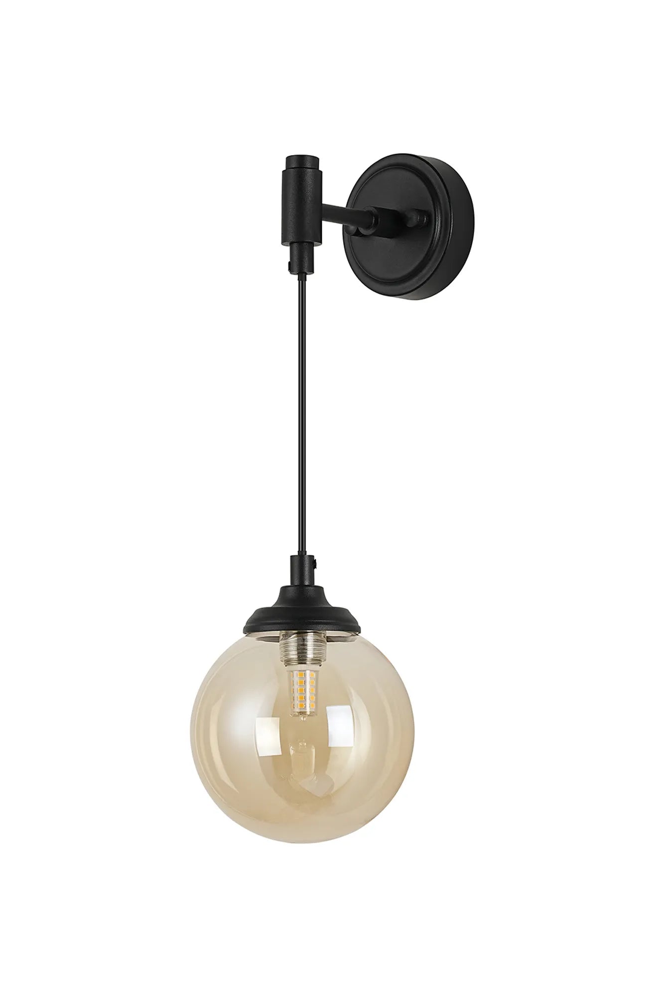 Dene Adjustable Single Wall Light IP44 - Satin Black & Amber Smooth Round Glass