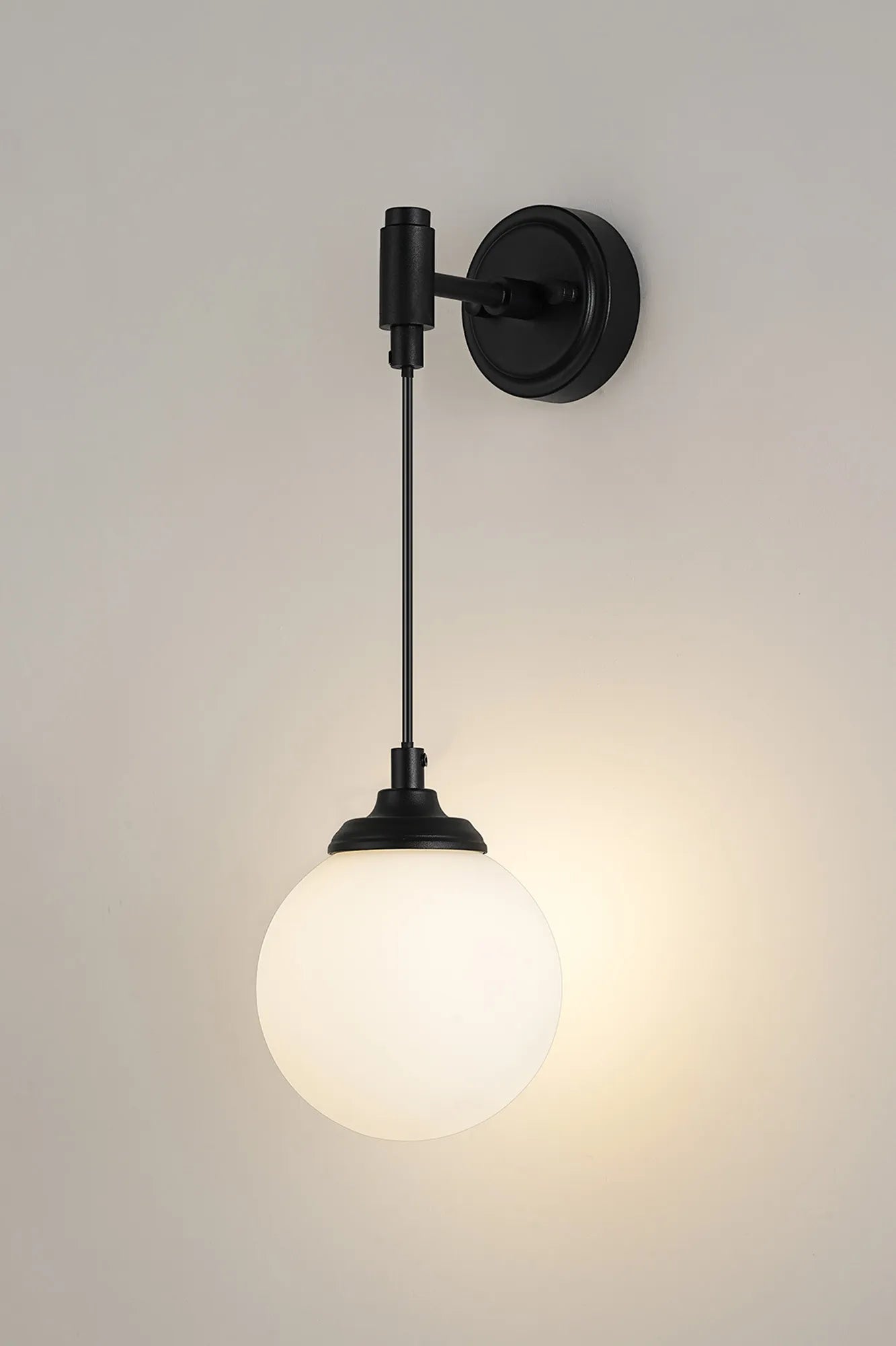 Dene Adjustable Single Wall Light IP44 - Satin Black & Opal Smooth Round Glass