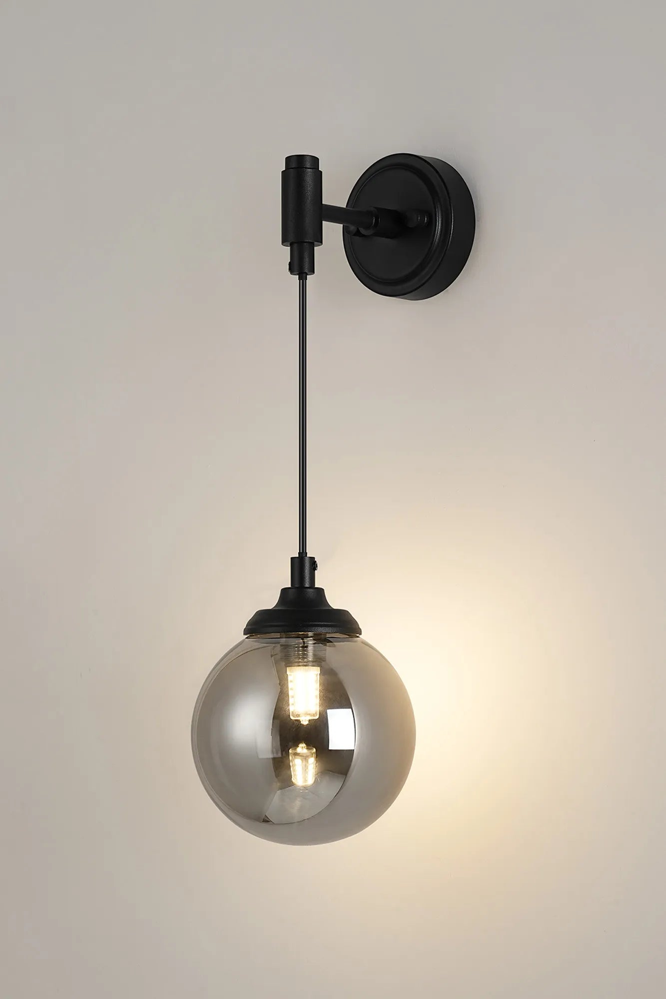 Dene Adjustable Single Wall Light IP44 - Satin Black & Smoke Smooth Round Glass