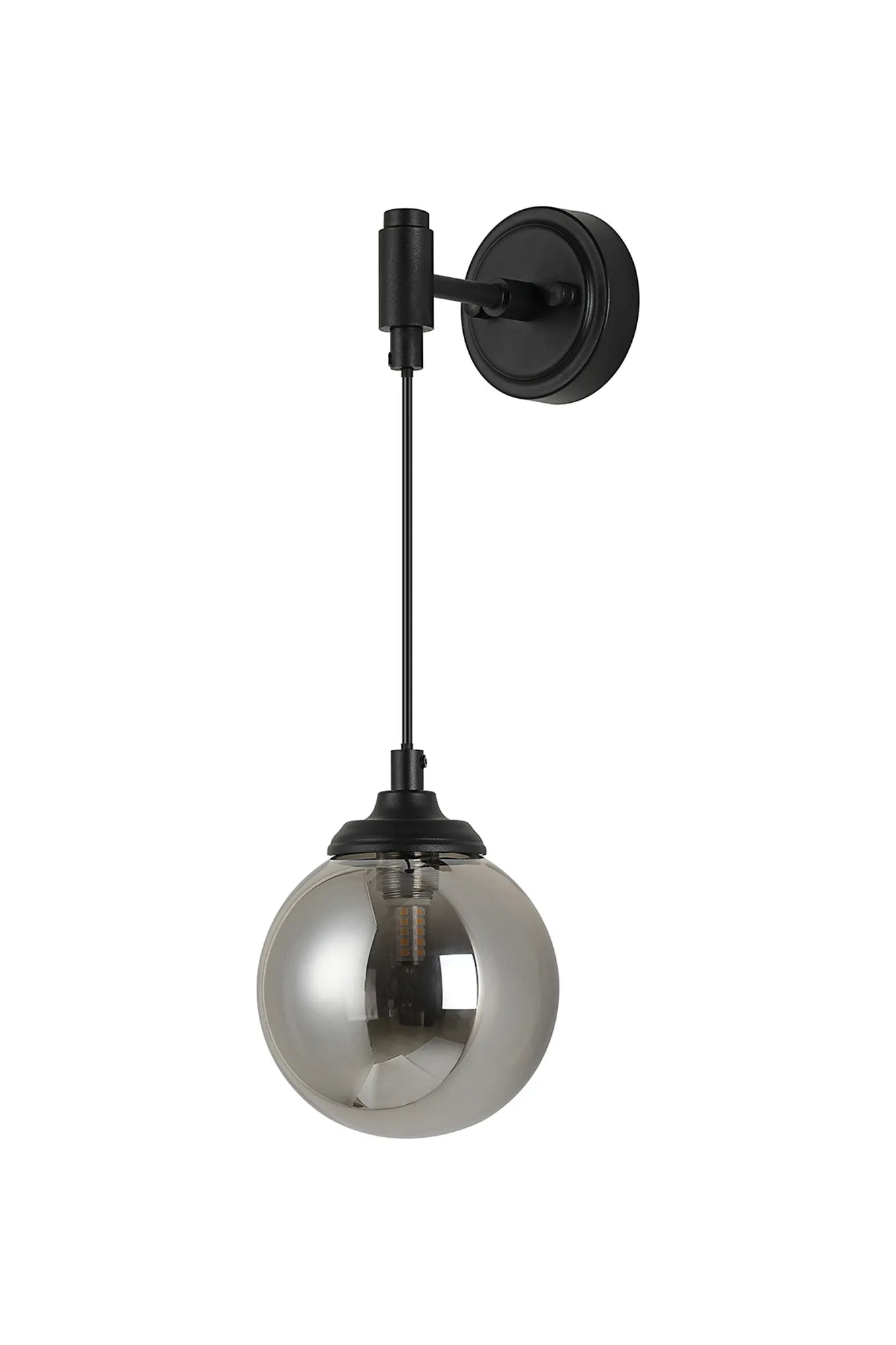 Dene Adjustable Single Wall Light IP44 - Satin Black & Smoke Smooth Round Glass
