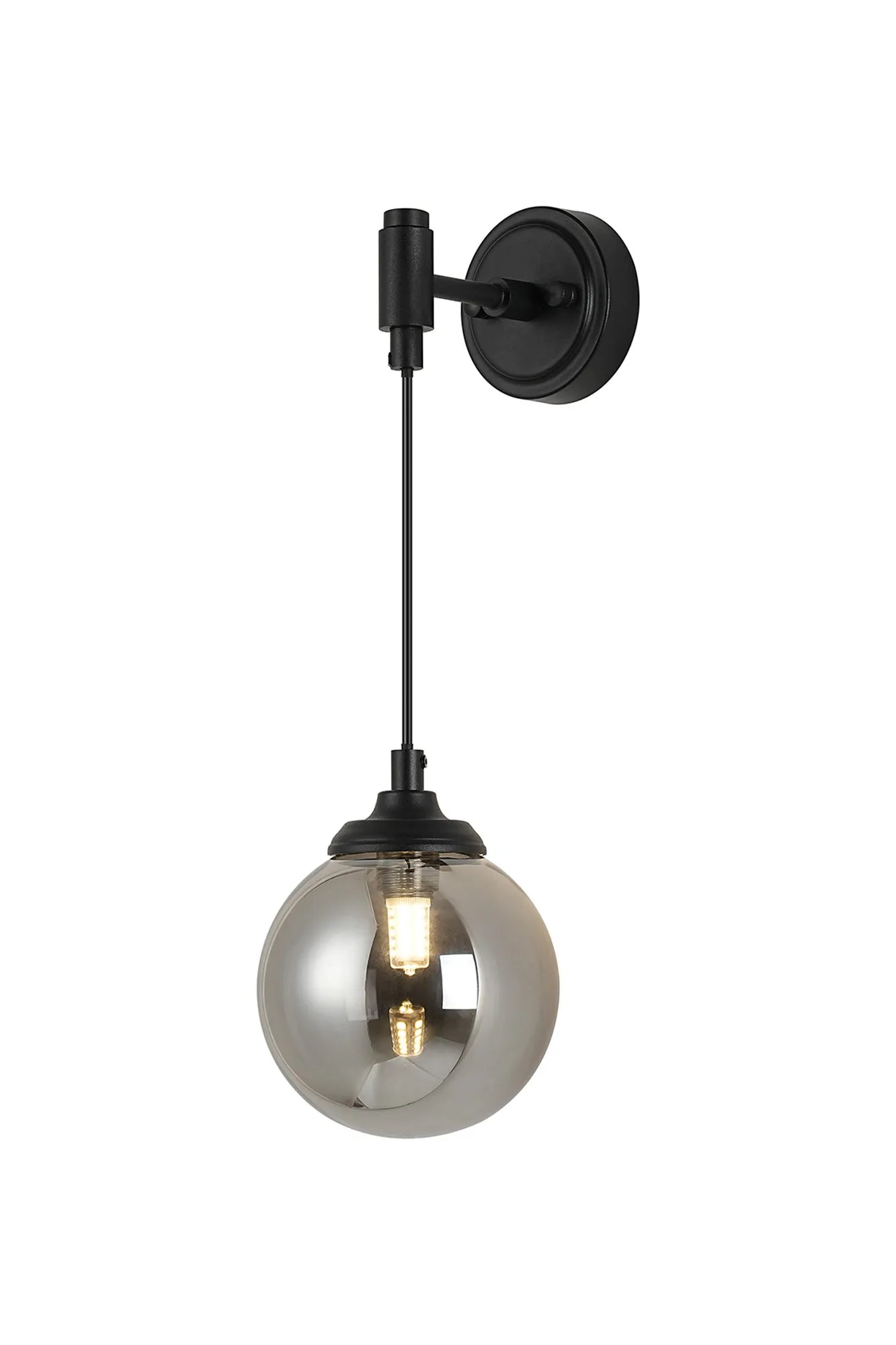 Dene Adjustable Single Wall Light IP44 - Satin Black & Smoke Smooth Round Glass