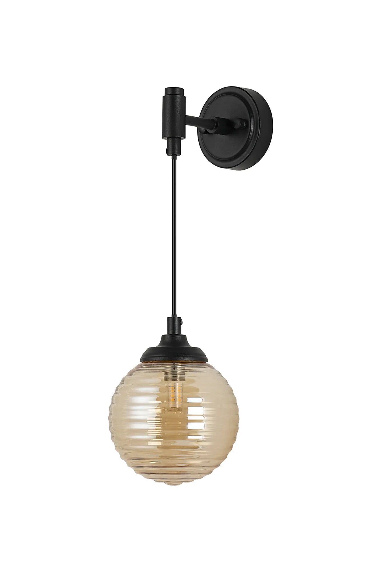 Dene Adjustable Single Wall Light IP44 - Satin Black & Amber Ribbed Round Glass