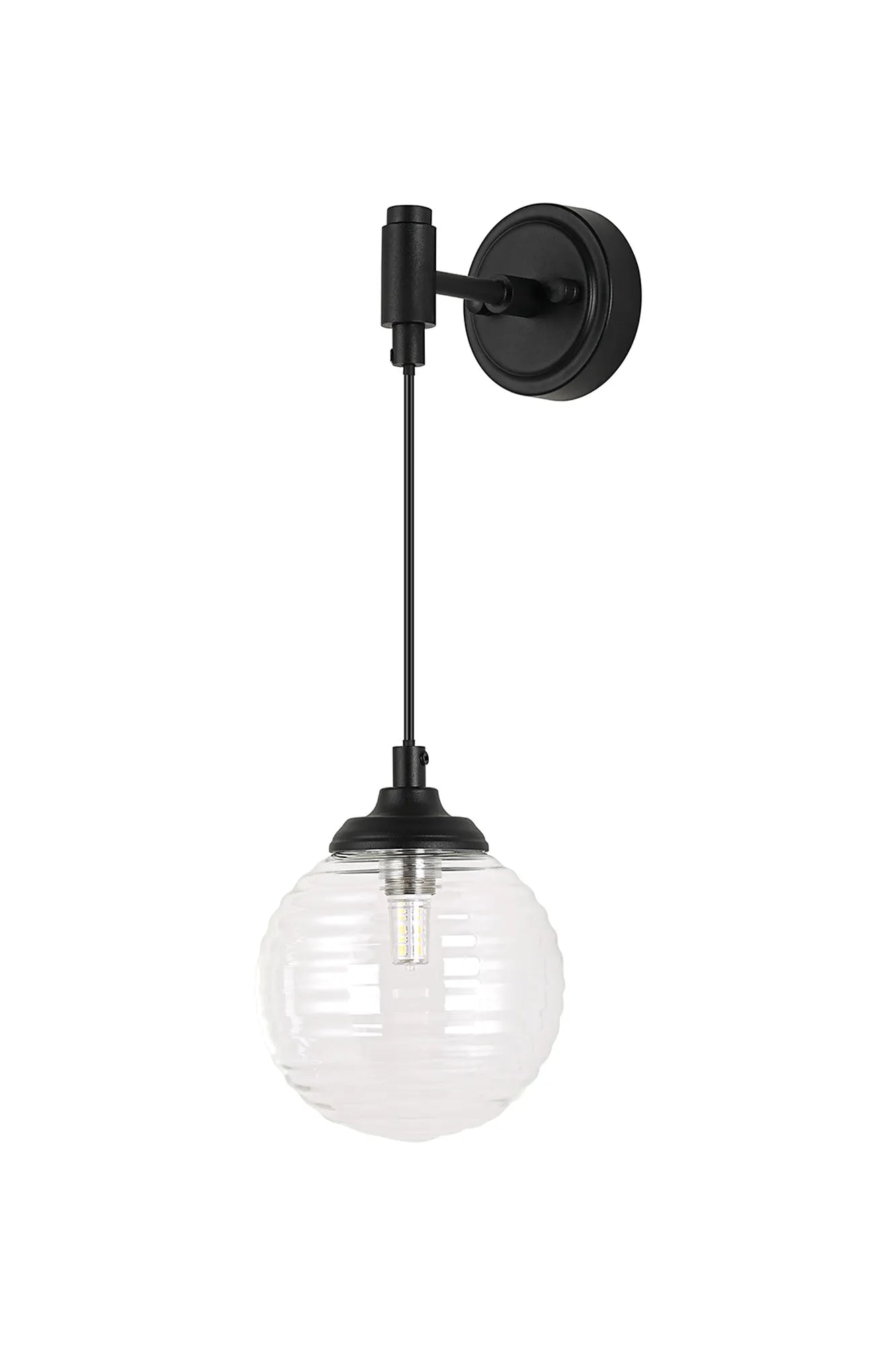 Dene Adjustable Single Wall Light IP44 - Satin Black & Clear Ribbed Round Glass