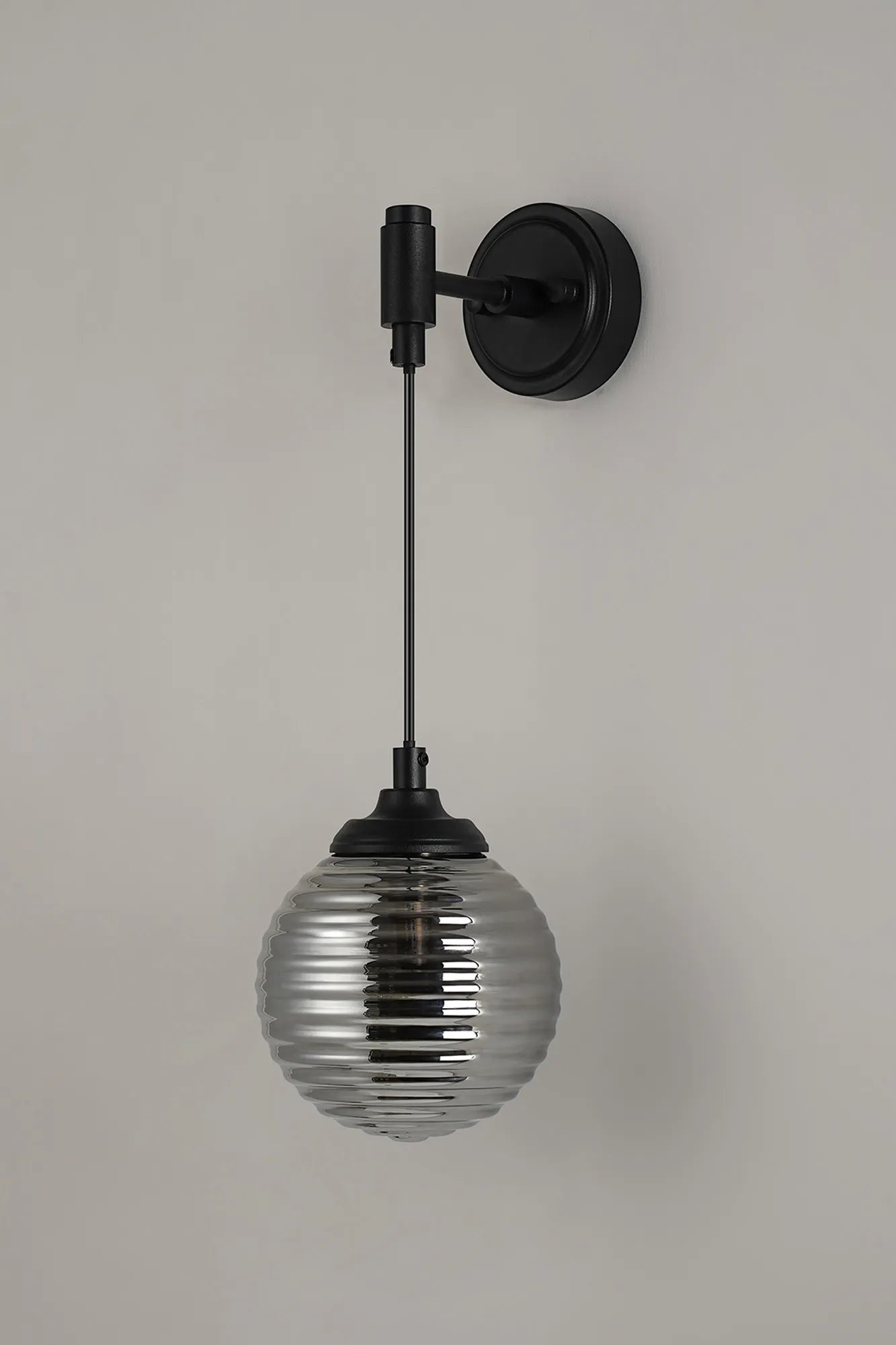 Dene Adjustable Single Wall Light IP44 - Satin Black & Smoke Ribbed Round Glass