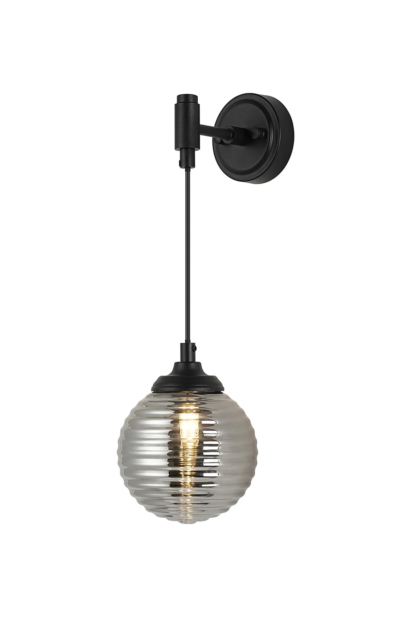 Dene Adjustable Single Wall Light IP44 - Satin Black & Smoke Ribbed Round Glass