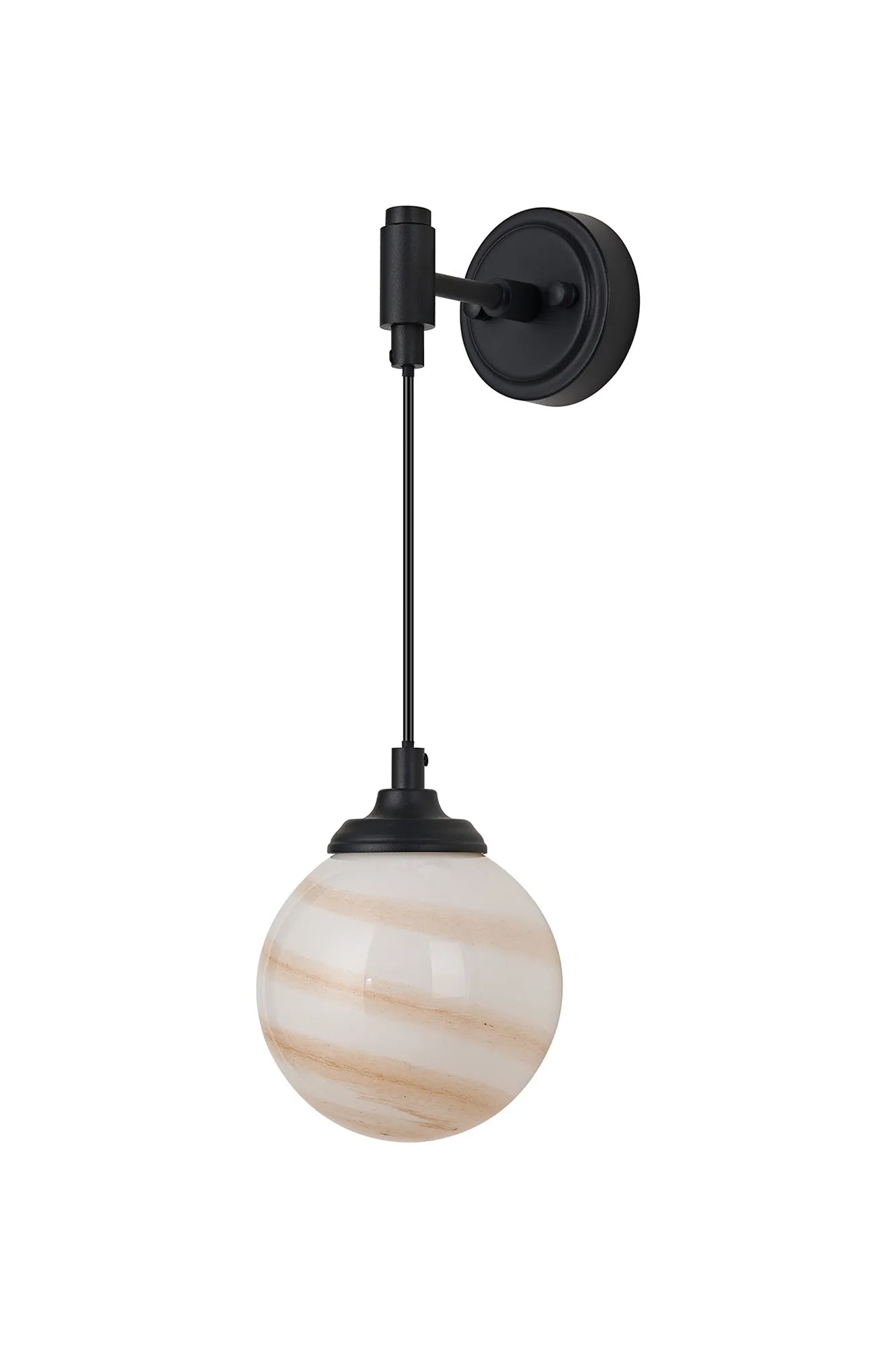 Dene Adjustable Single Wall Light IP44 - Satin Black & Brown & White Round Marble Effect Glass