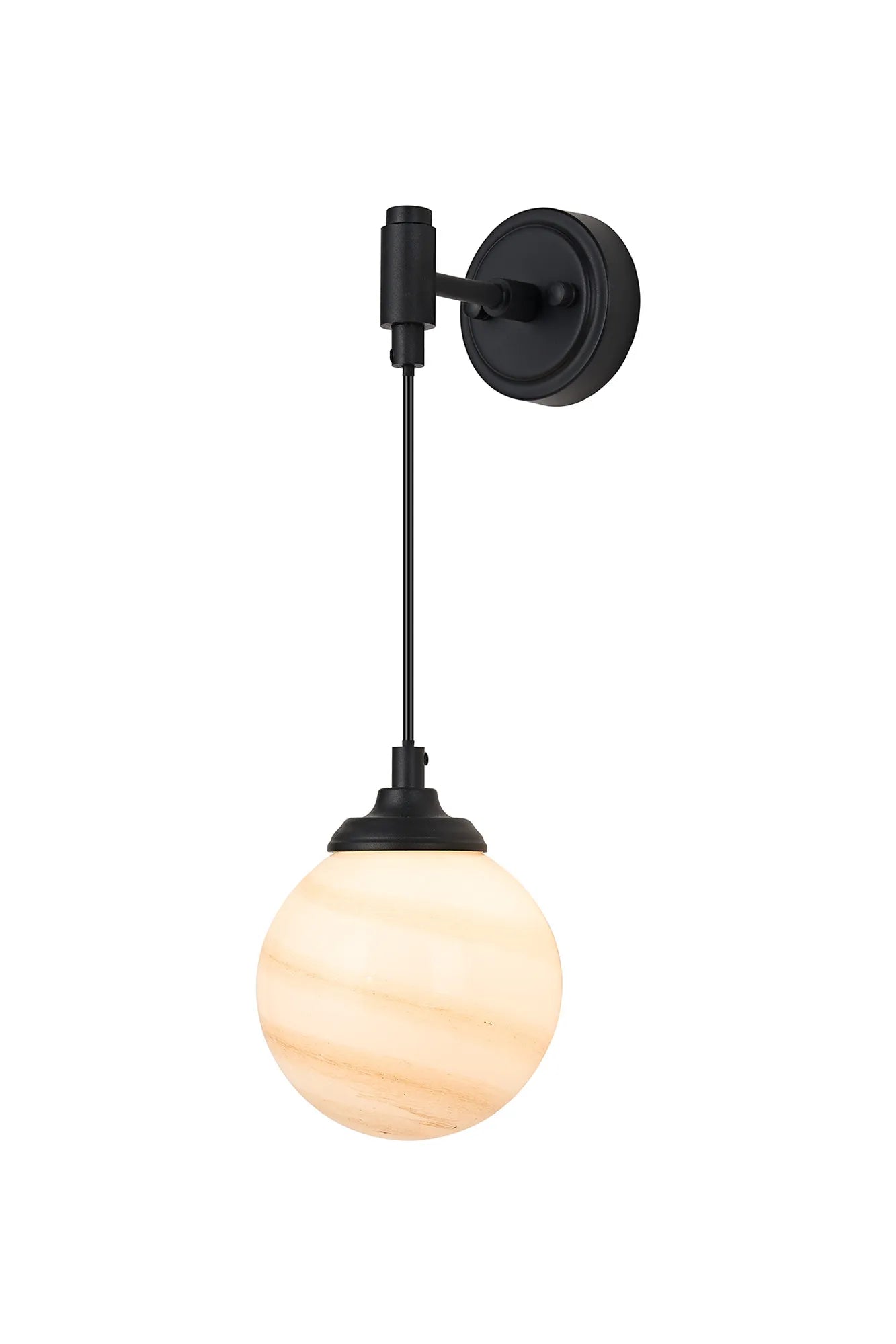 Dene Adjustable Single Wall Light IP44 - Satin Black & Brown & White Round Marble Effect Glass
