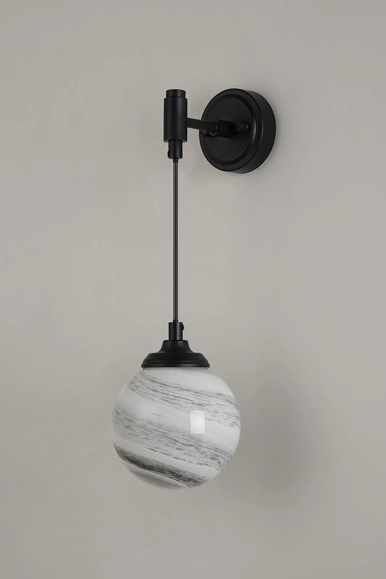Dene Adjustable Single Wall Light IP44 - Satin Black & Grey & White Round Marble Effect Glass