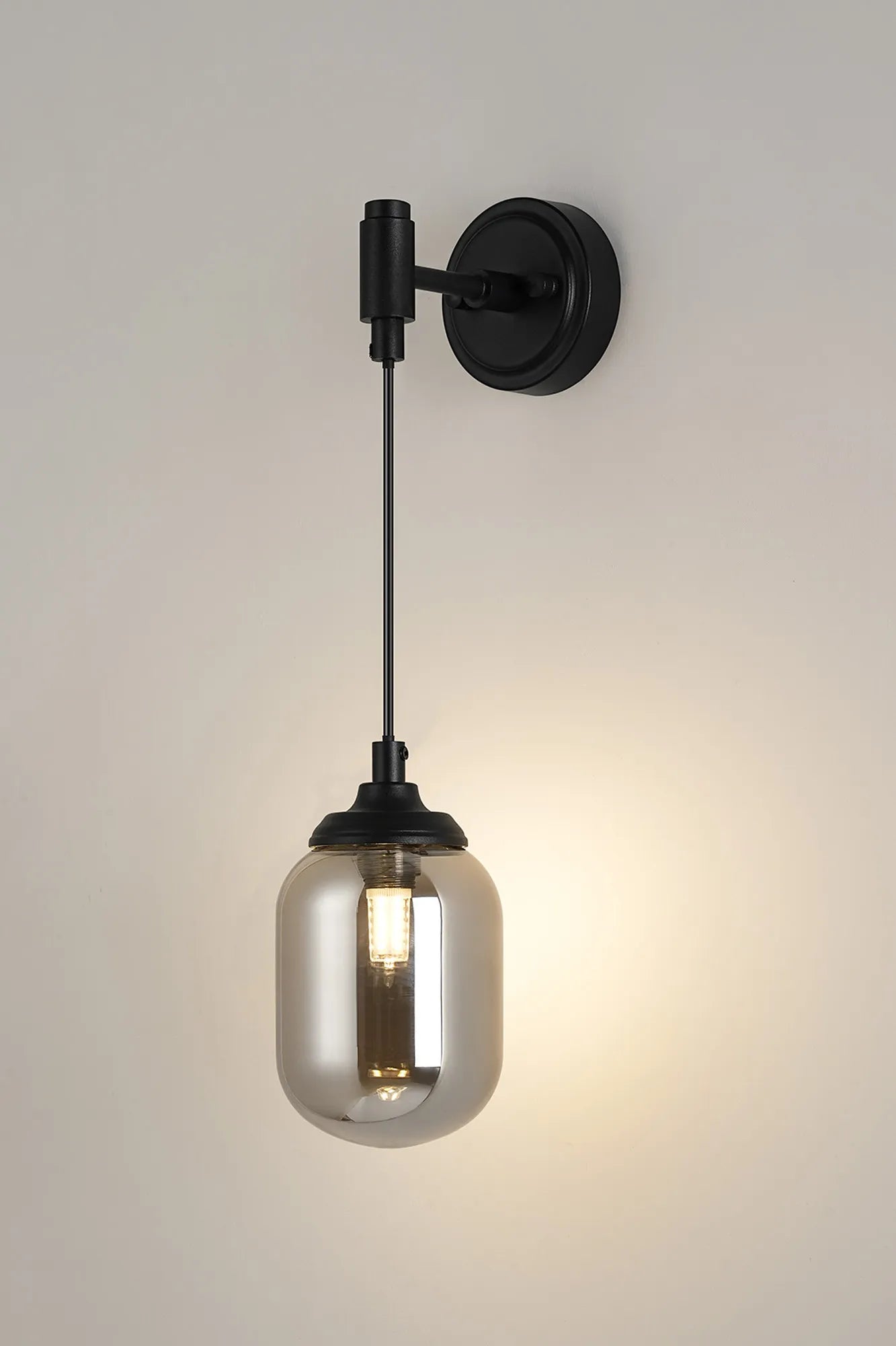 Dene Adjustable Single Wall Light IP44 - Satin Black & Smoke Smooth Tubular Glass
