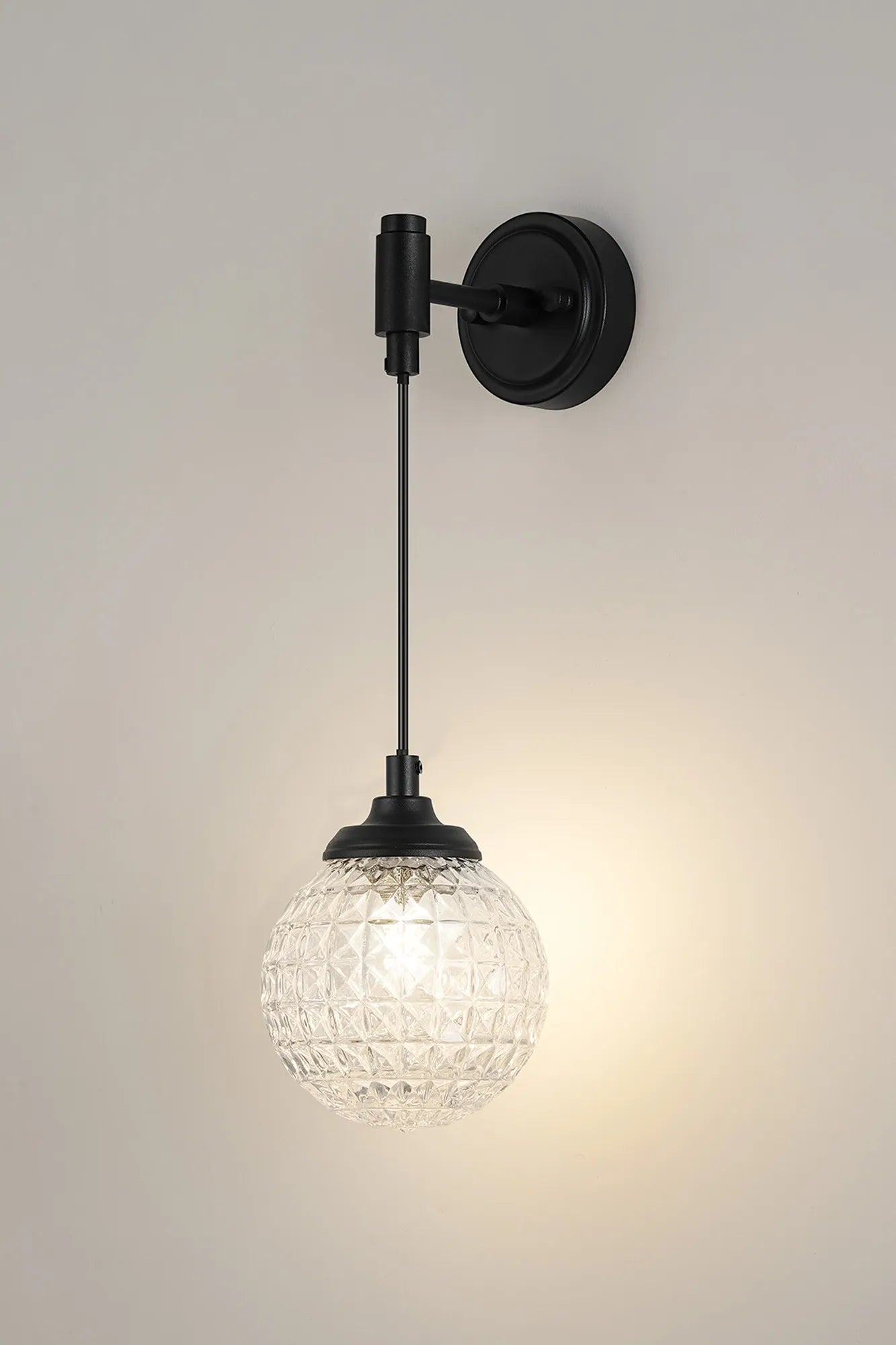 Dene Adjustable Single Wall Light IP44 - Satin Black & Clear Cross Pattern Round Glass
