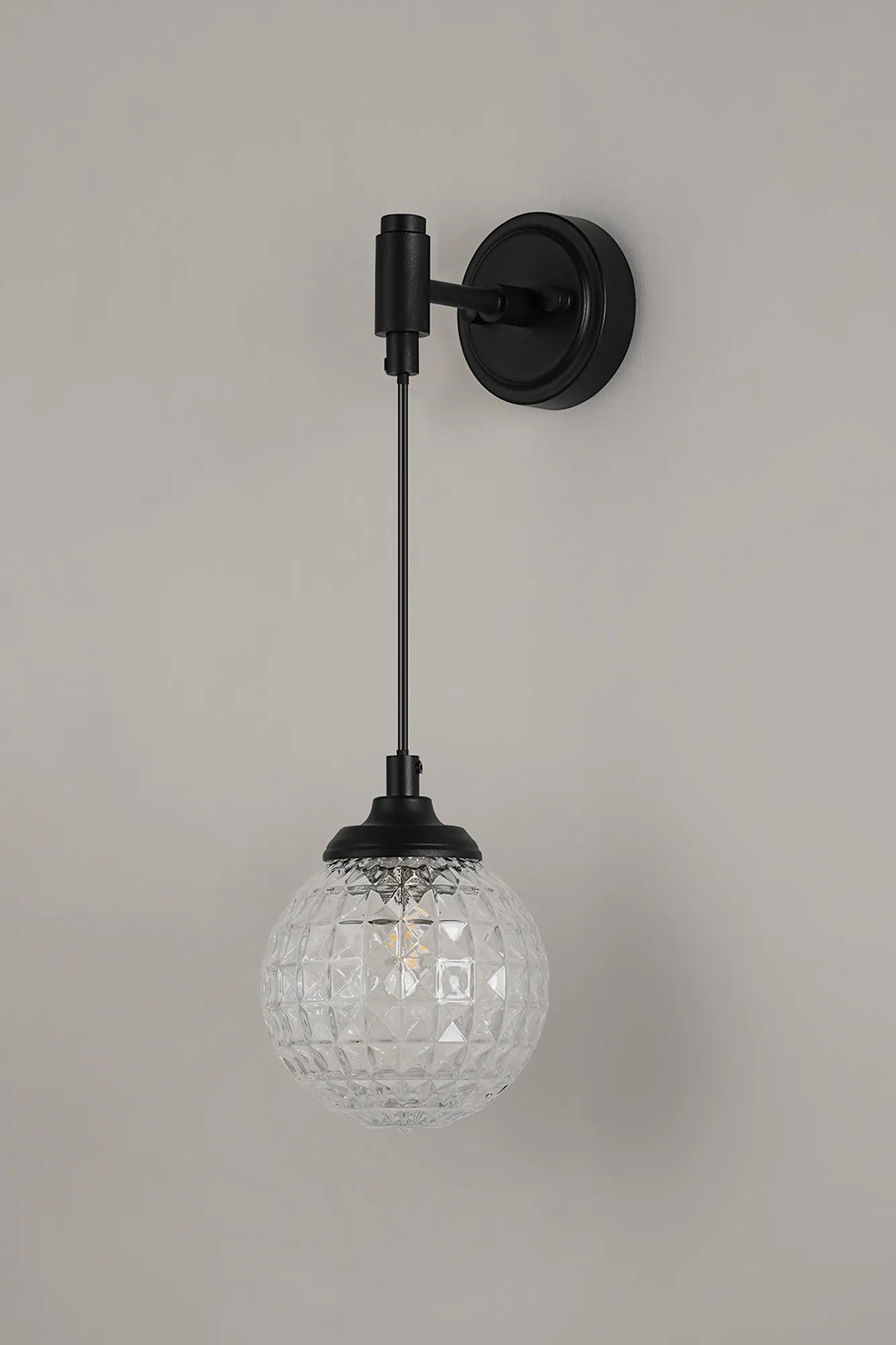 Dene Adjustable Single Wall Light IP44 - Satin Black & Clear Cross Pattern Round Glass