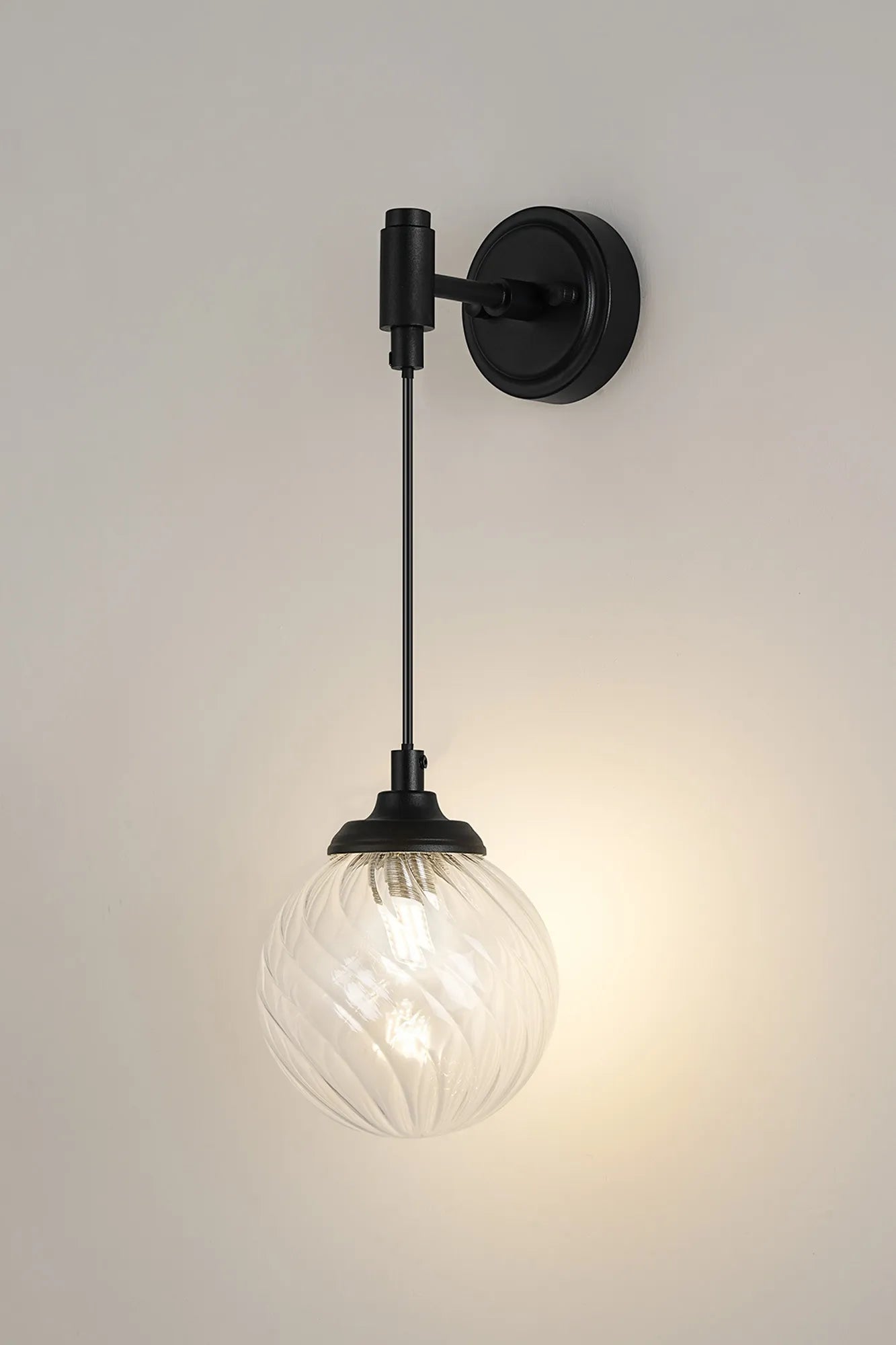 Dene Adjustable Single Wall Light IP44 - Satin Black & Clear Swirl Round Glass