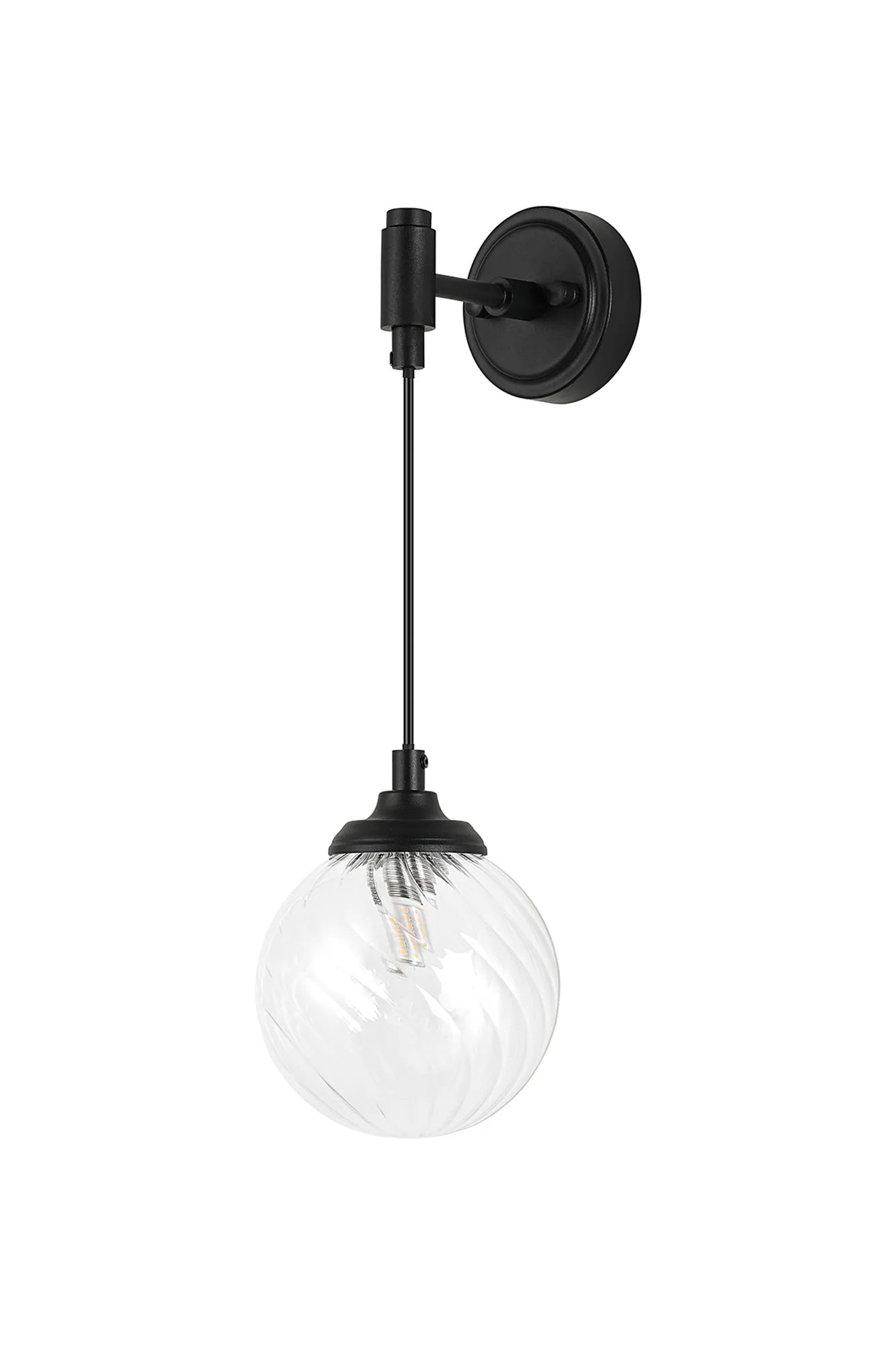 Dene Adjustable Single Wall Light IP44 - Satin Black & Clear Swirl Round Glass