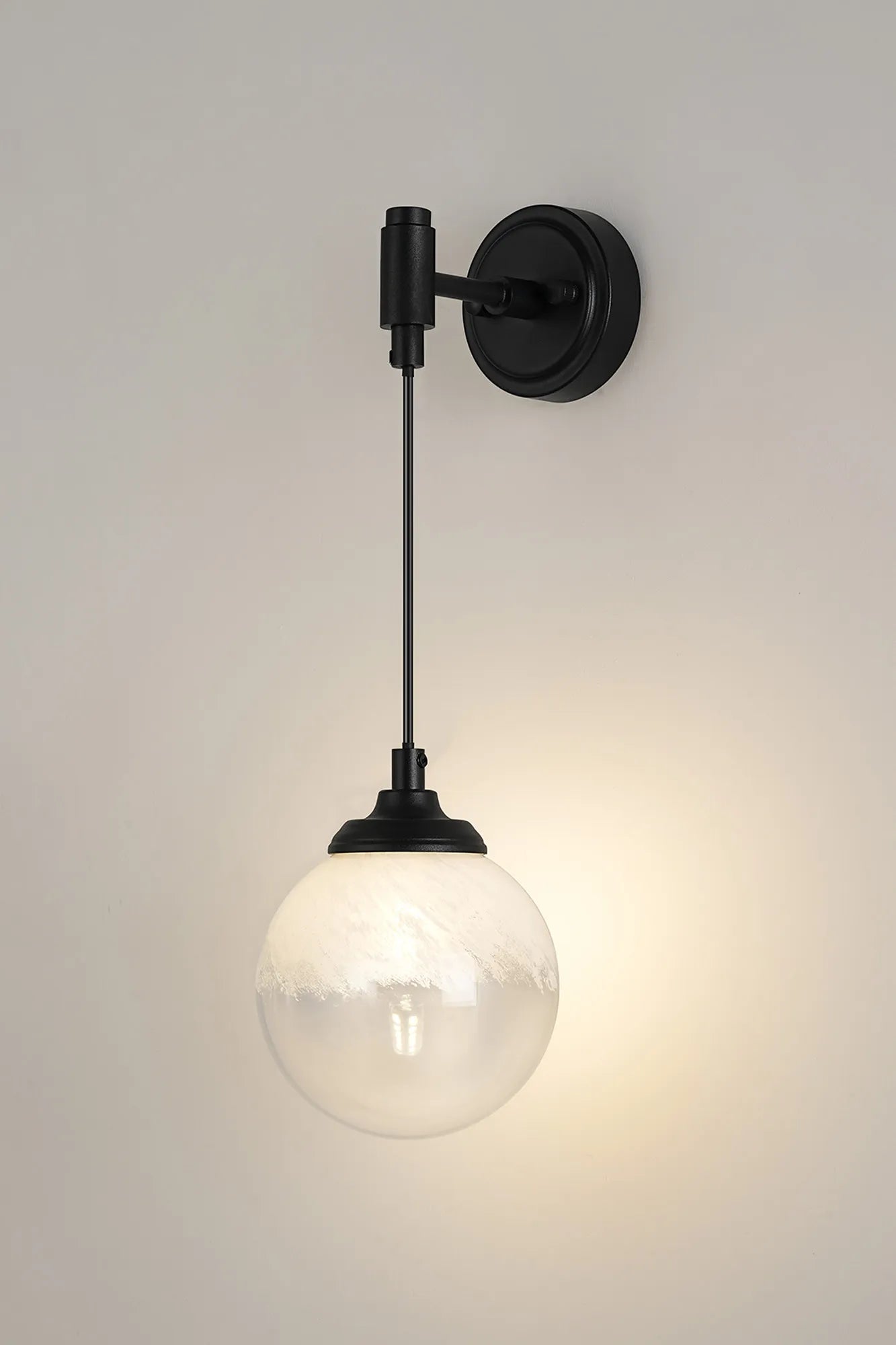 Dene Adjustable Single Wall Light IP44 - Satin Black & White Two-Tone Snow Specks Round Glass