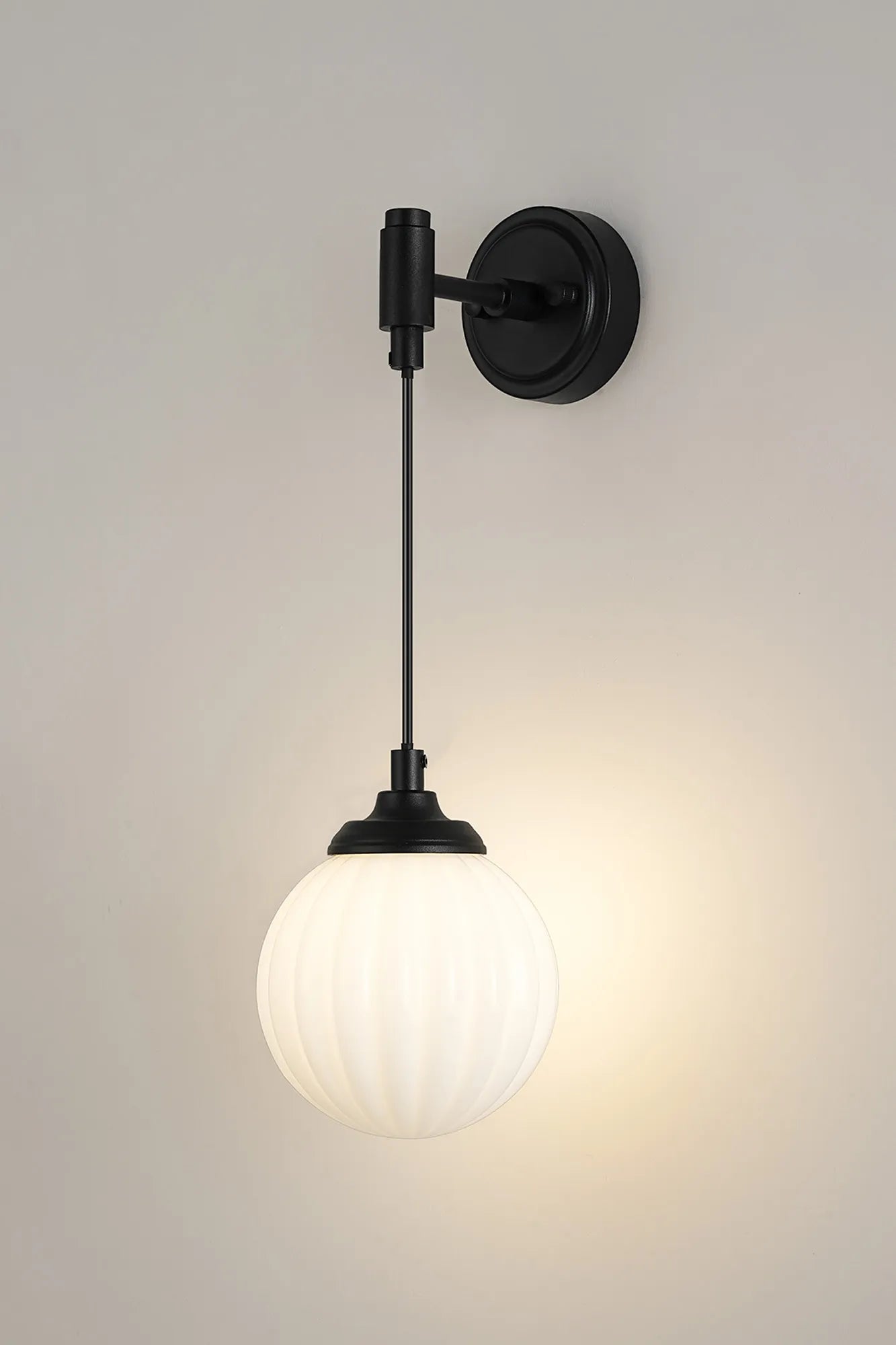 Dene Adjustable Single Wall Light IP44 - Satin Black & Opal Round Segment Glass