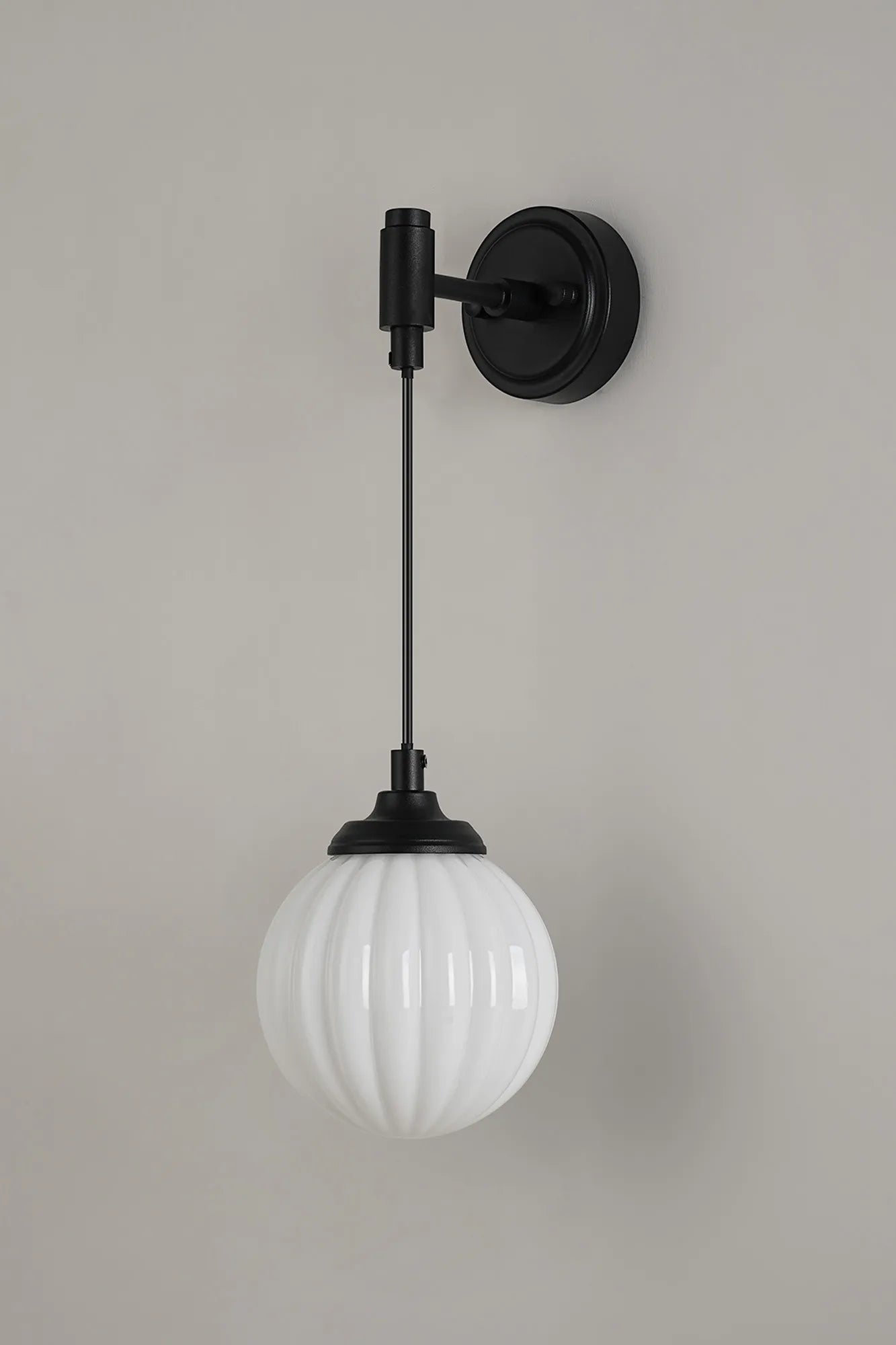 Dene Adjustable Single Wall Light IP44 - Satin Black & Opal Round Segment Glass