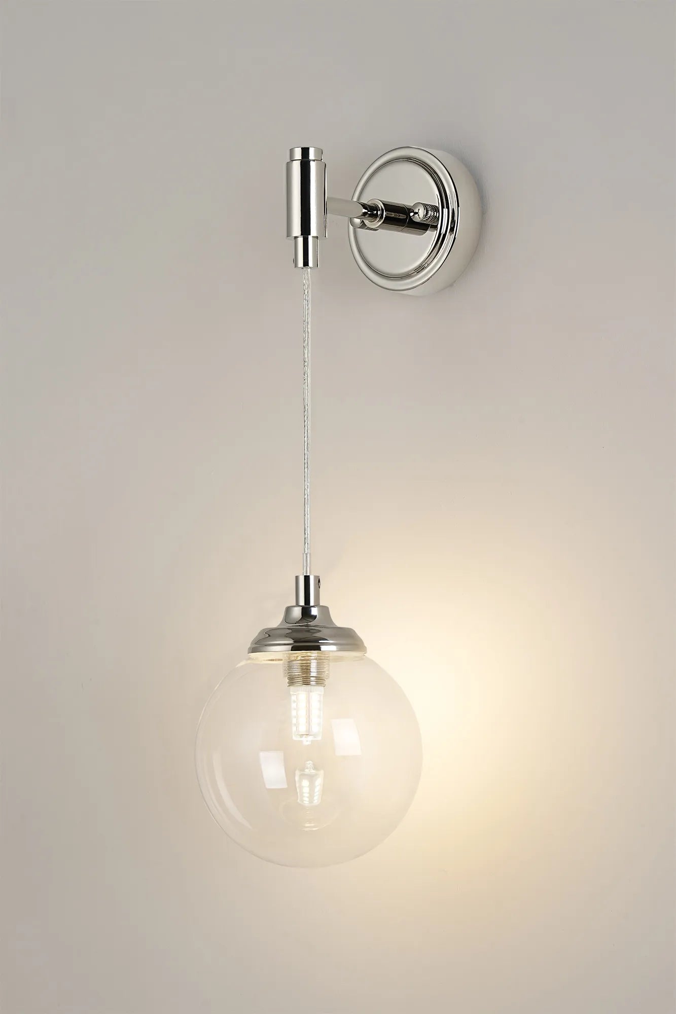 Dene Adjustable Single Wall Light IP44 - Polished Nickel & Clear Smooth Round Glass