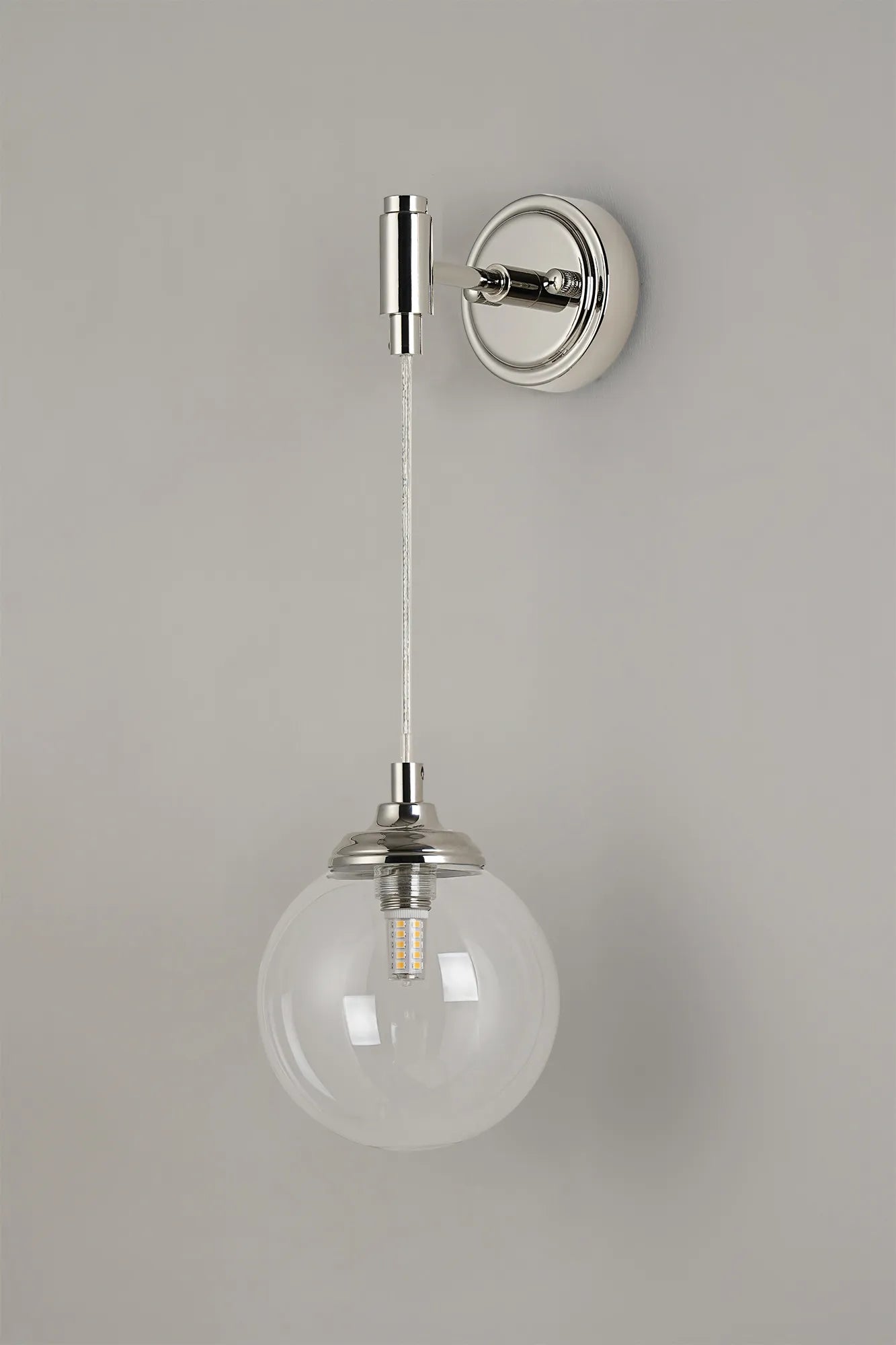 Dene Adjustable Single Wall Light IP44 - Polished Nickel & Clear Smooth Round Glass