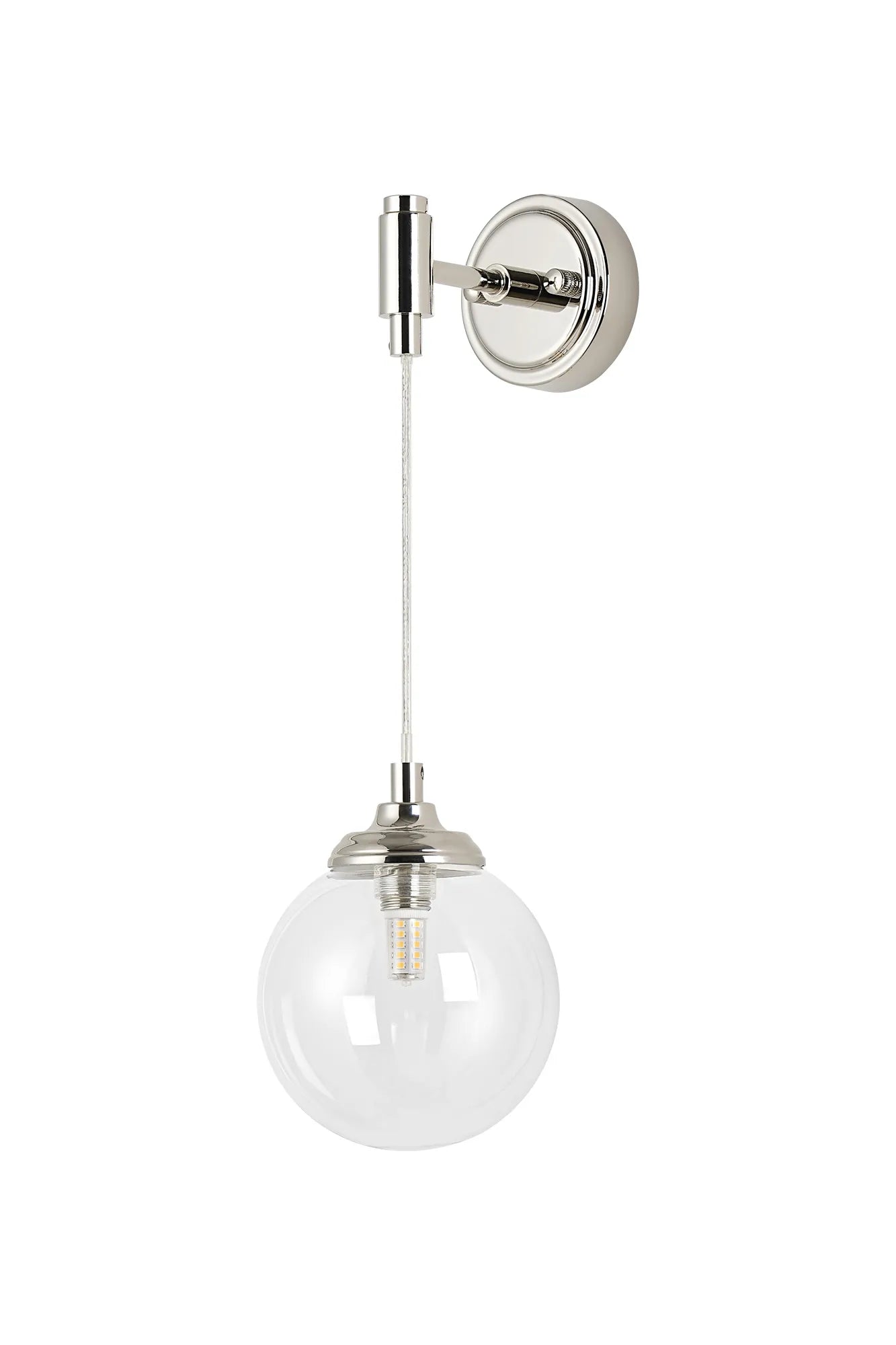 Dene Adjustable Single Wall Light IP44 - Polished Nickel & Clear Smooth Round Glass