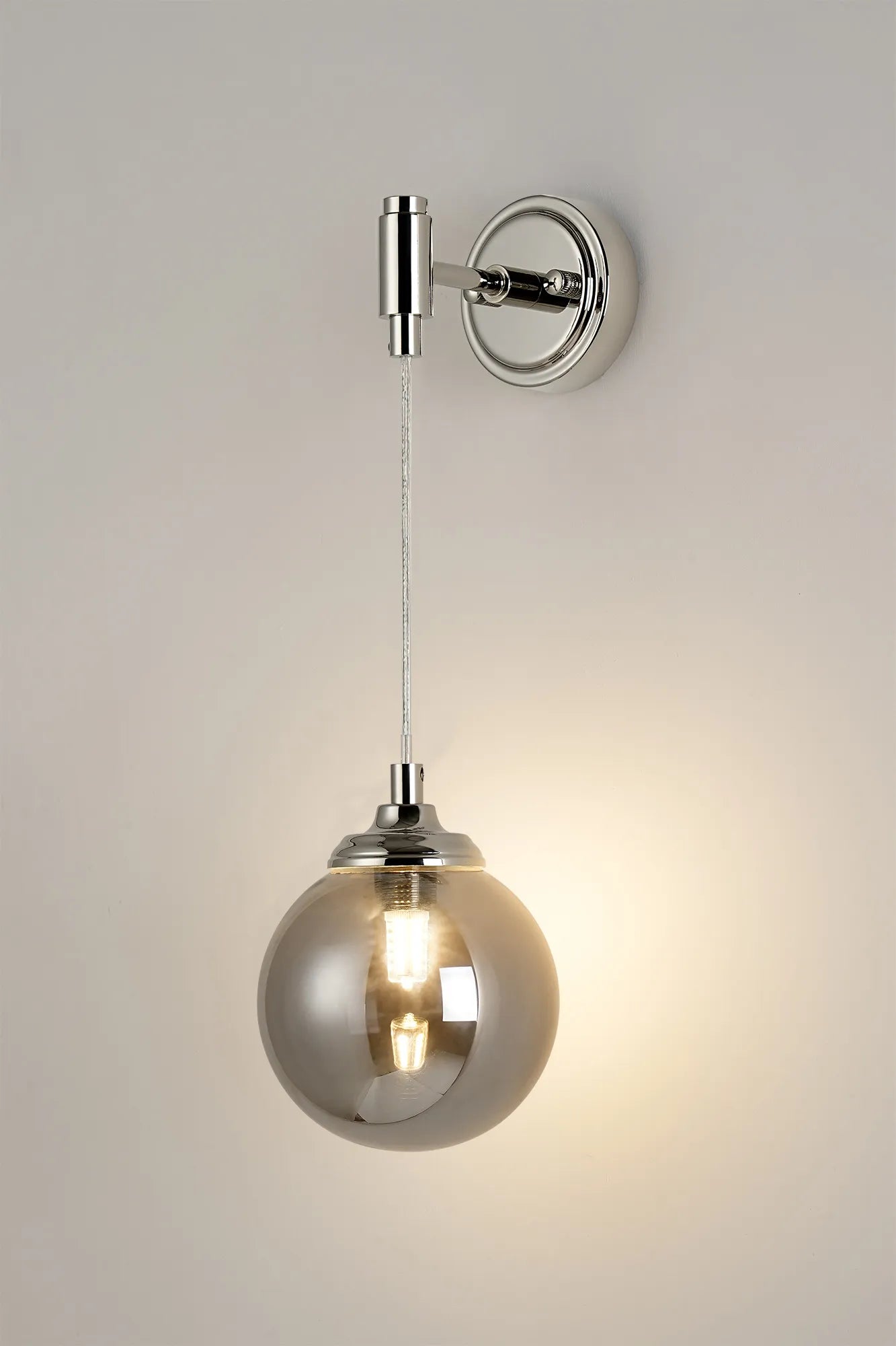 Dene Adjustable Single Wall Light IP44 - Polished Nickel & Smoke Smooth Round Glass