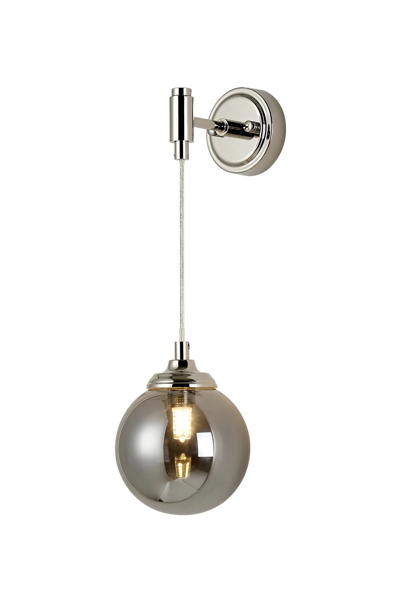 Dene Adjustable Single Wall Light IP44 - Polished Nickel & Smoke Smooth Round Glass