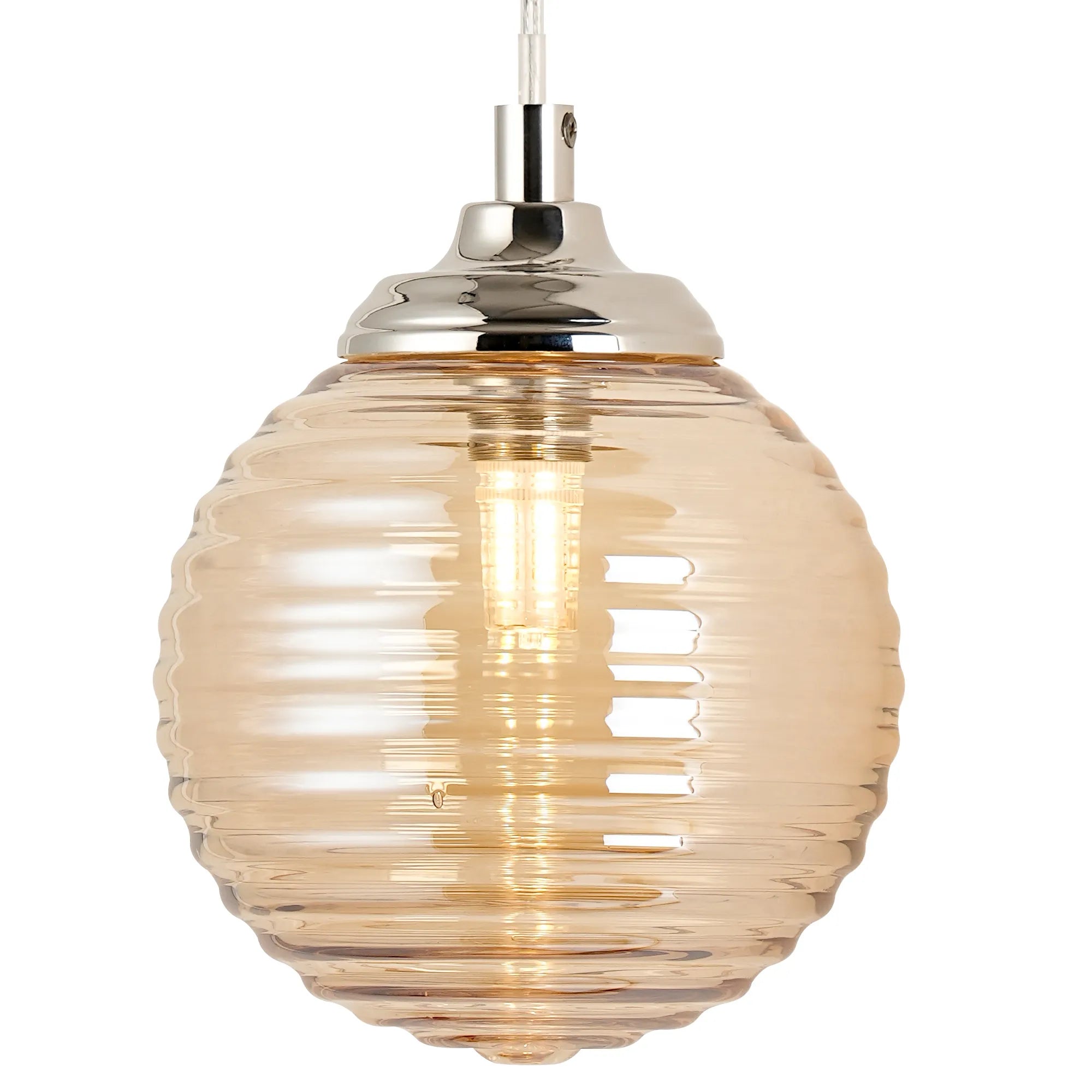 Dene Adjustable Single Wall Light IP44 - Polished Nickel & Amber Ribbed Round Glass