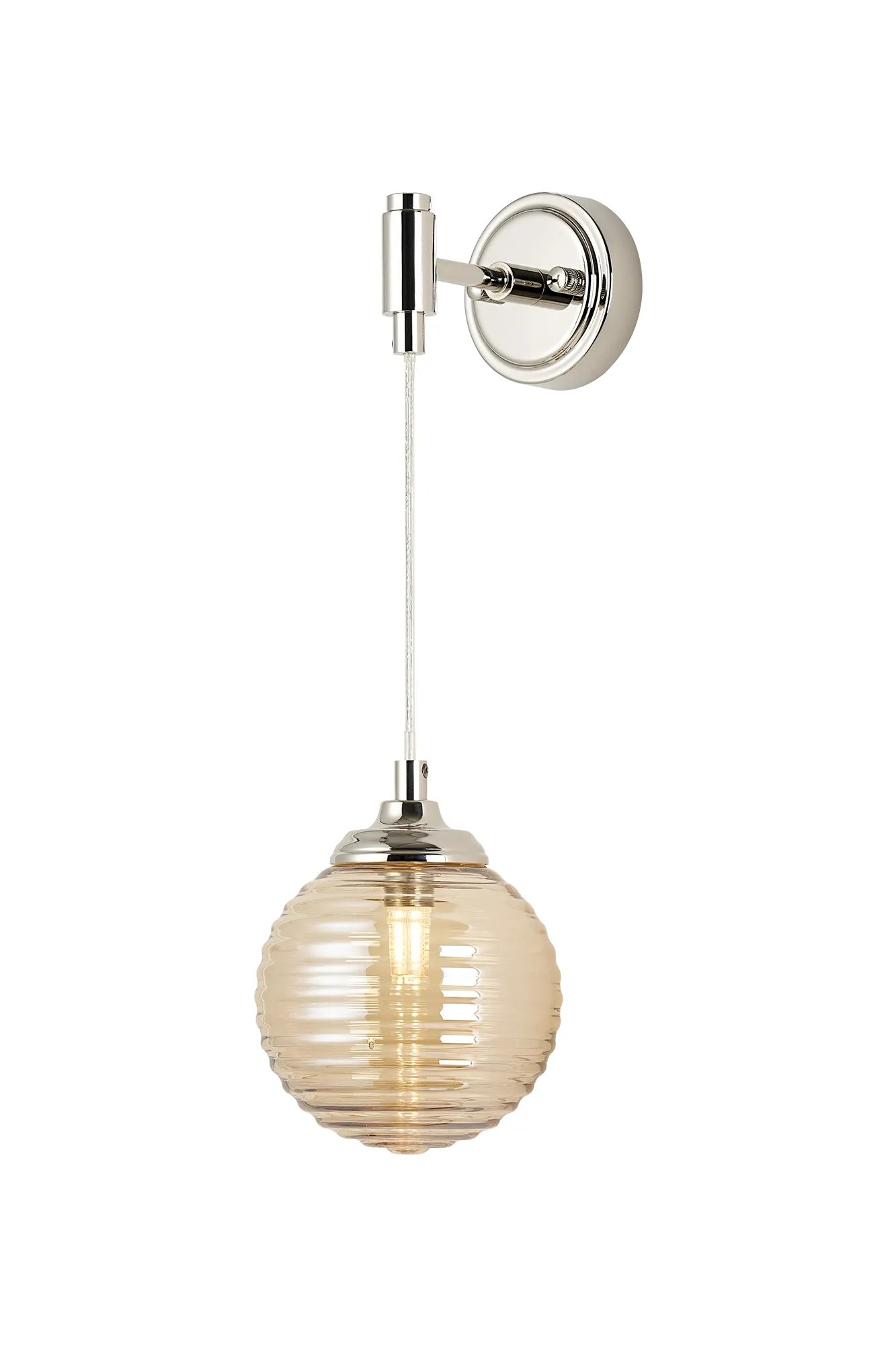 Dene Adjustable Single Wall Light IP44 - Polished Nickel & Amber Ribbed Round Glass