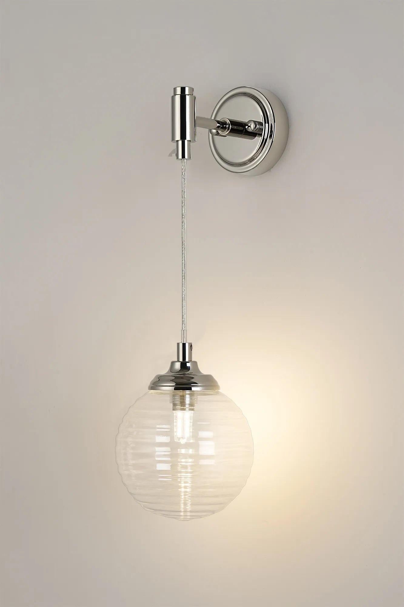 Dene Adjustable Single Wall Light IP44 - Polished Nickel & Clear Ribbed Round Glass