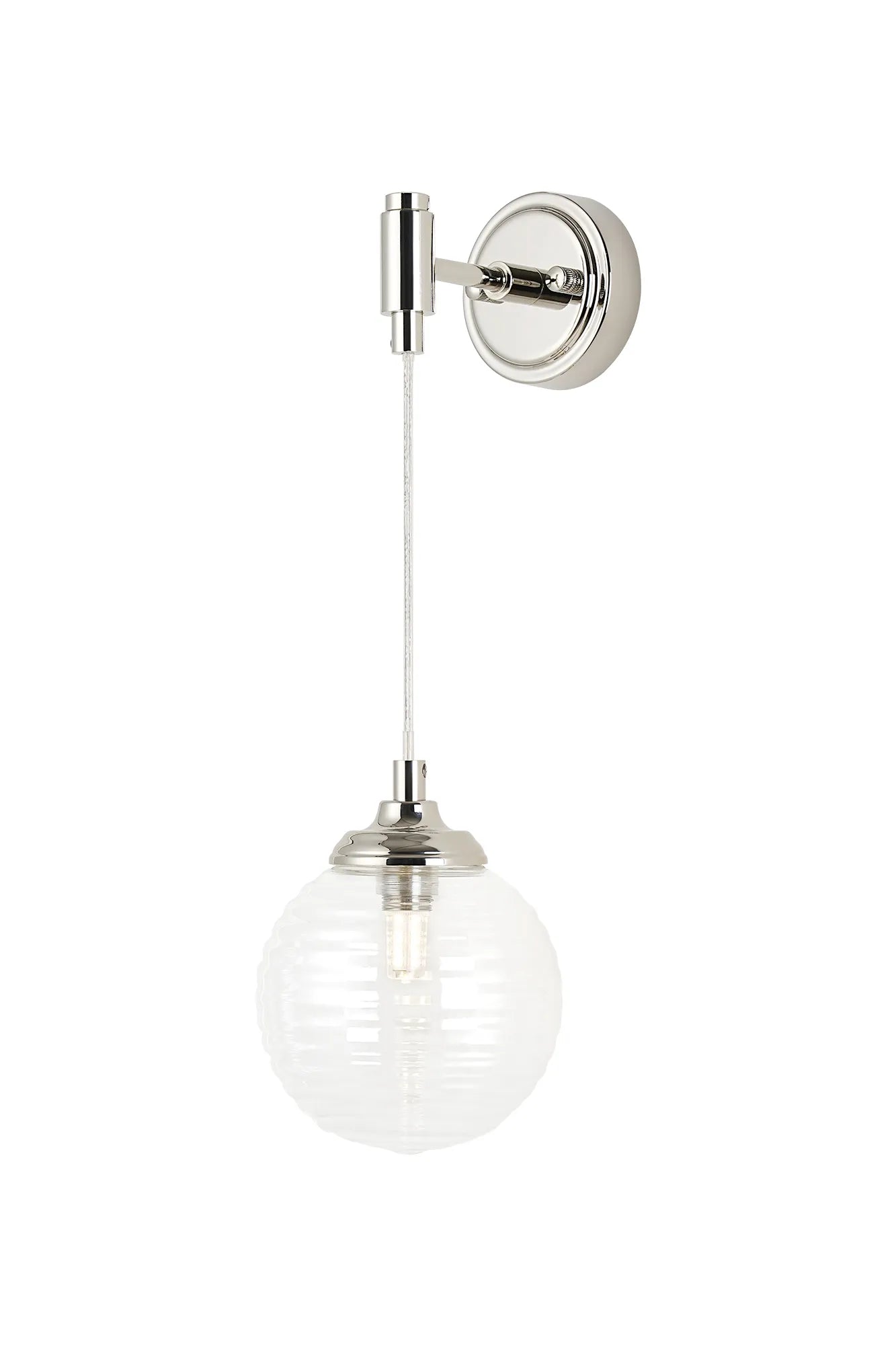 Dene Adjustable Single Wall Light IP44 - Polished Nickel & Clear Ribbed Round Glass