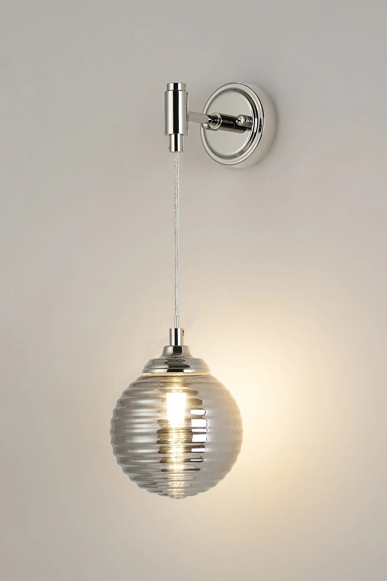 Dene Adjustable Single Wall Light IP44 - Polished Nickel & Smoke Ribbed Round Glass