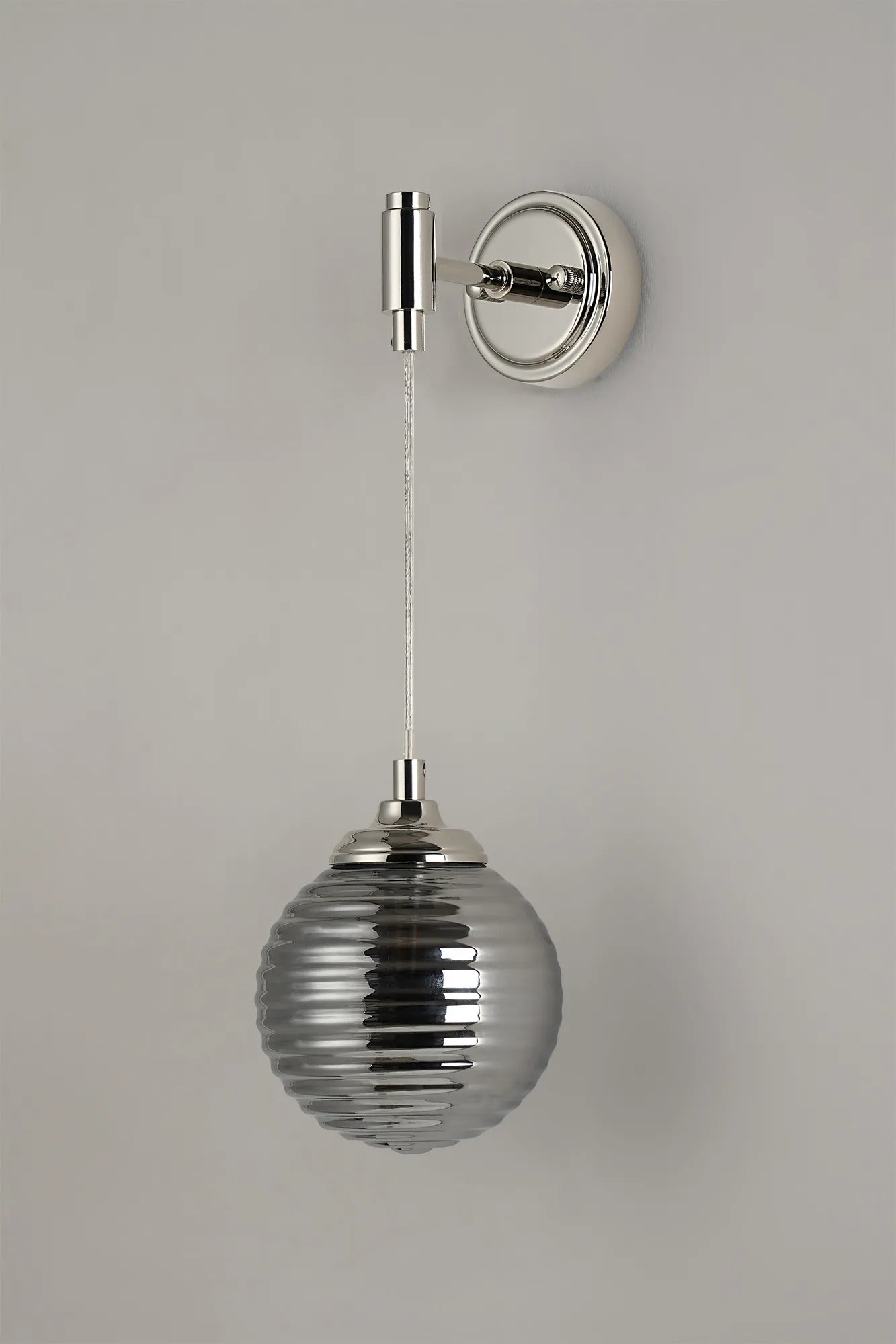 Dene Adjustable Single Wall Light IP44 - Polished Nickel & Smoke Ribbed Round Glass