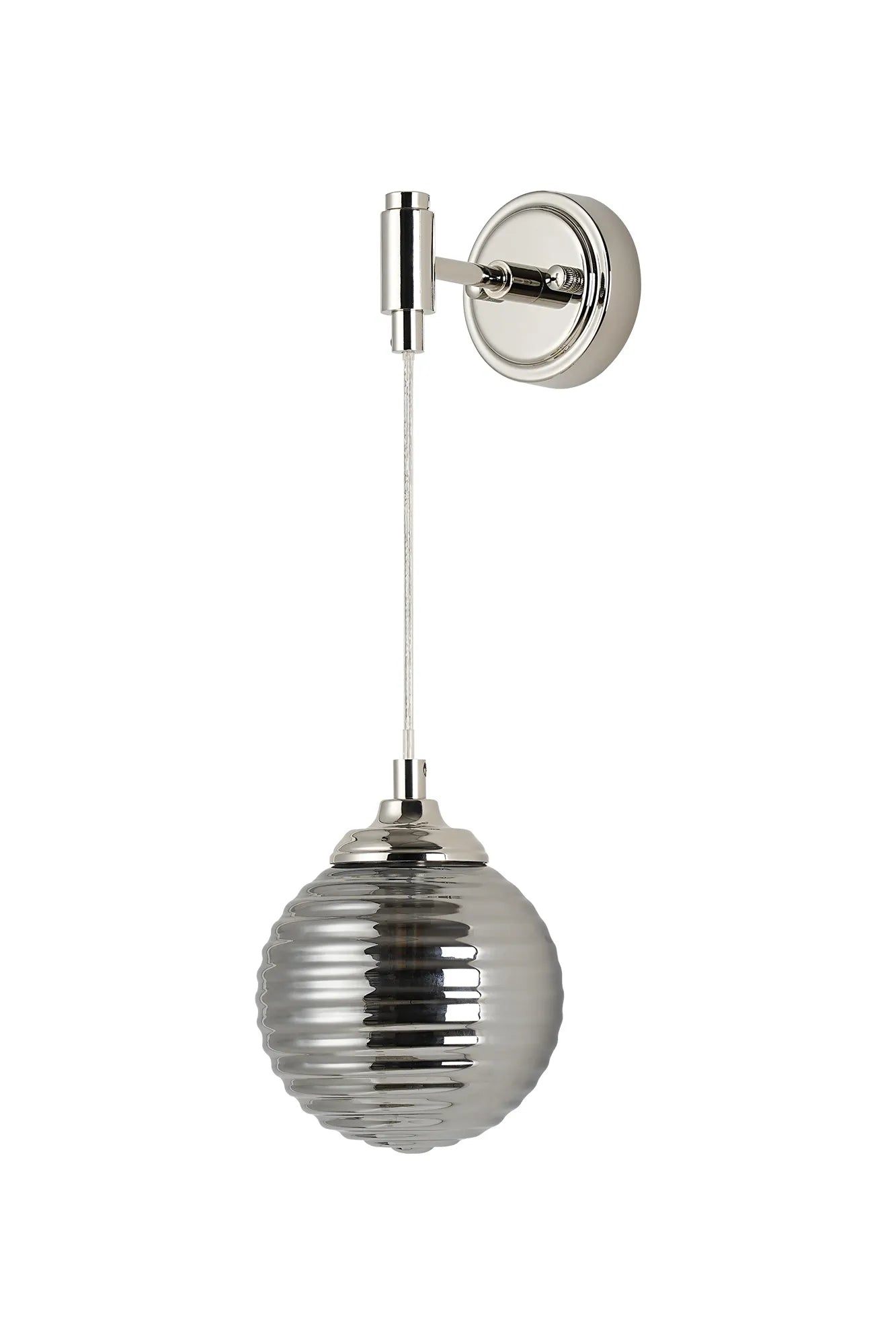 Dene Adjustable Single Wall Light IP44 - Polished Nickel & Smoke Ribbed Round Glass