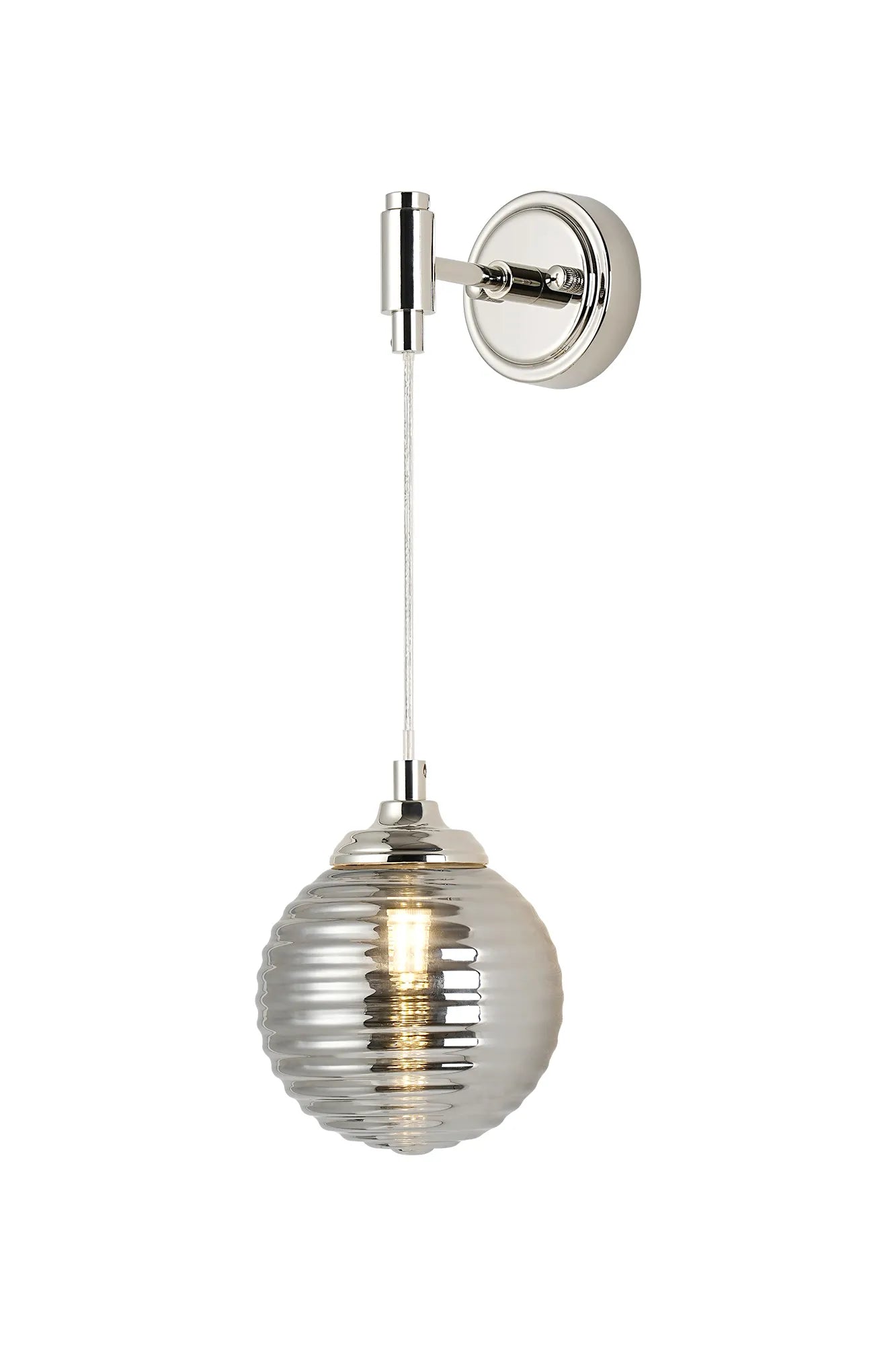 Dene Adjustable Single Wall Light IP44 - Polished Nickel & Smoke Ribbed Round Glass