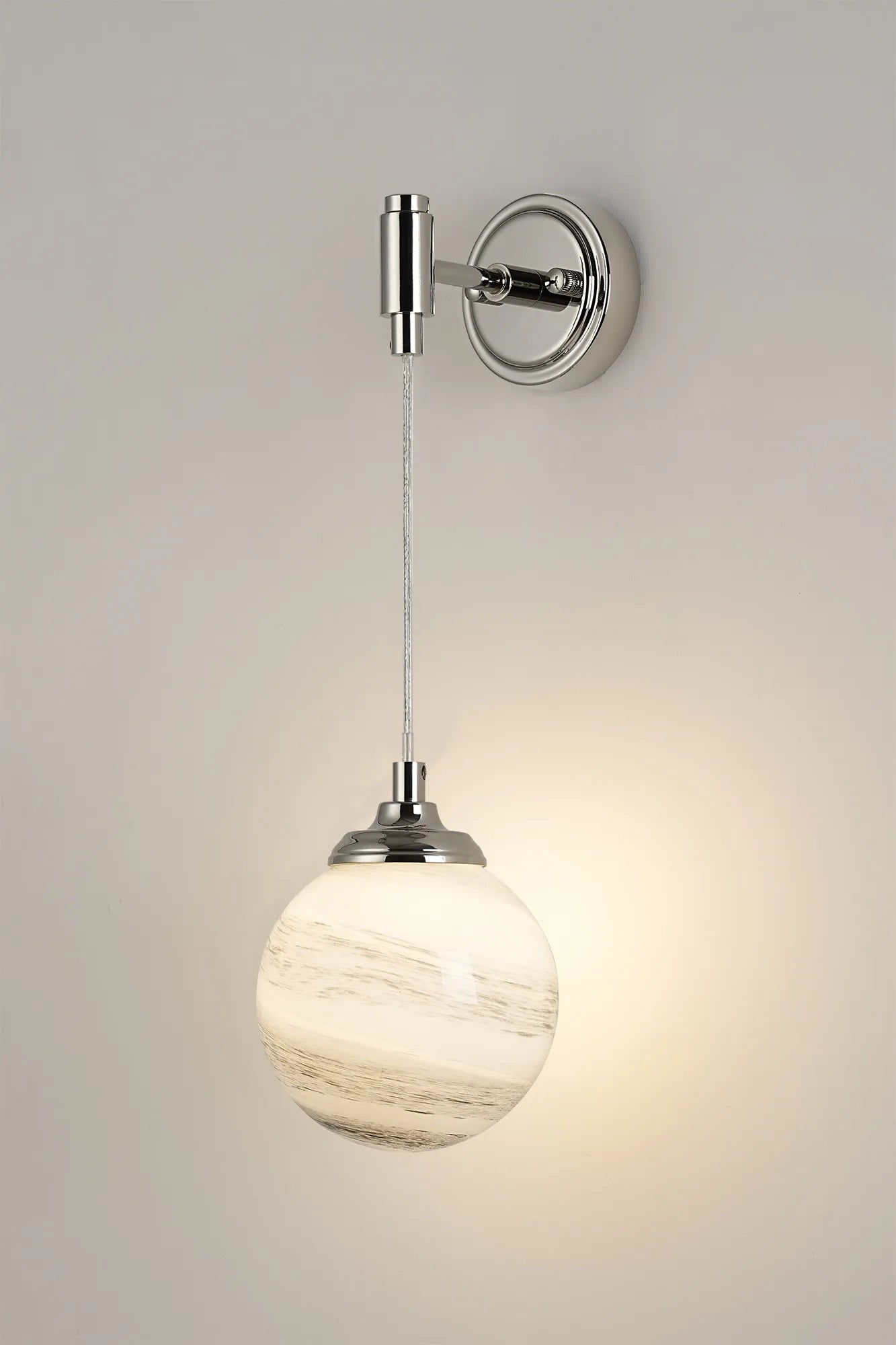 Dene Adjustable Single Wall Light IP44 - Polished Nickel & Grey & White Round Marble Effect Glass