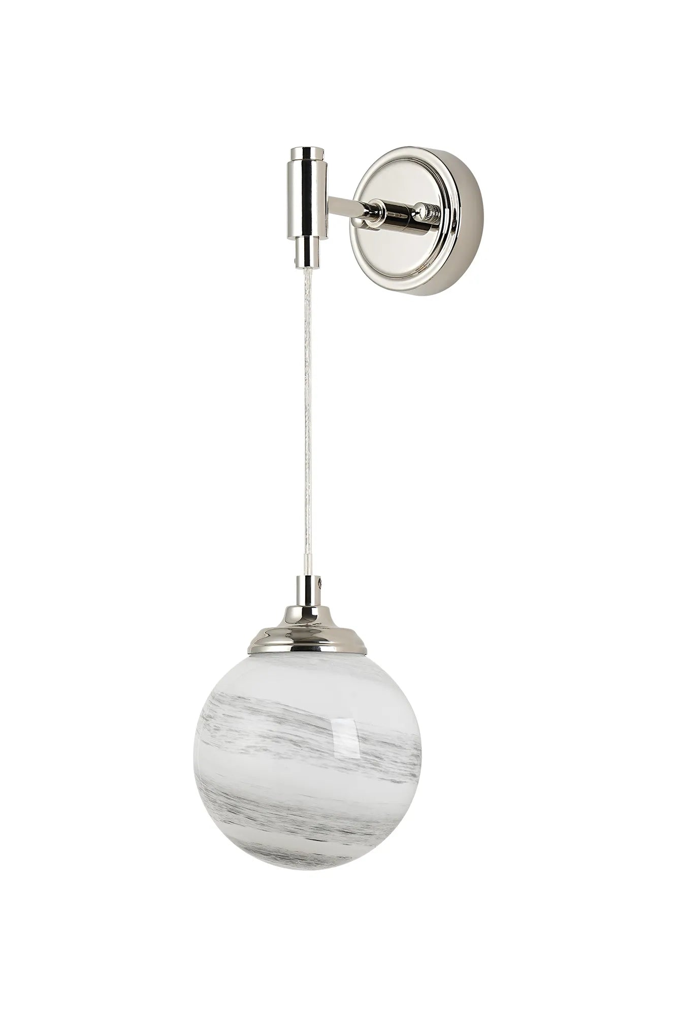 Dene Adjustable Single Wall Light IP44 - Polished Nickel & Grey & White Round Marble Effect Glass