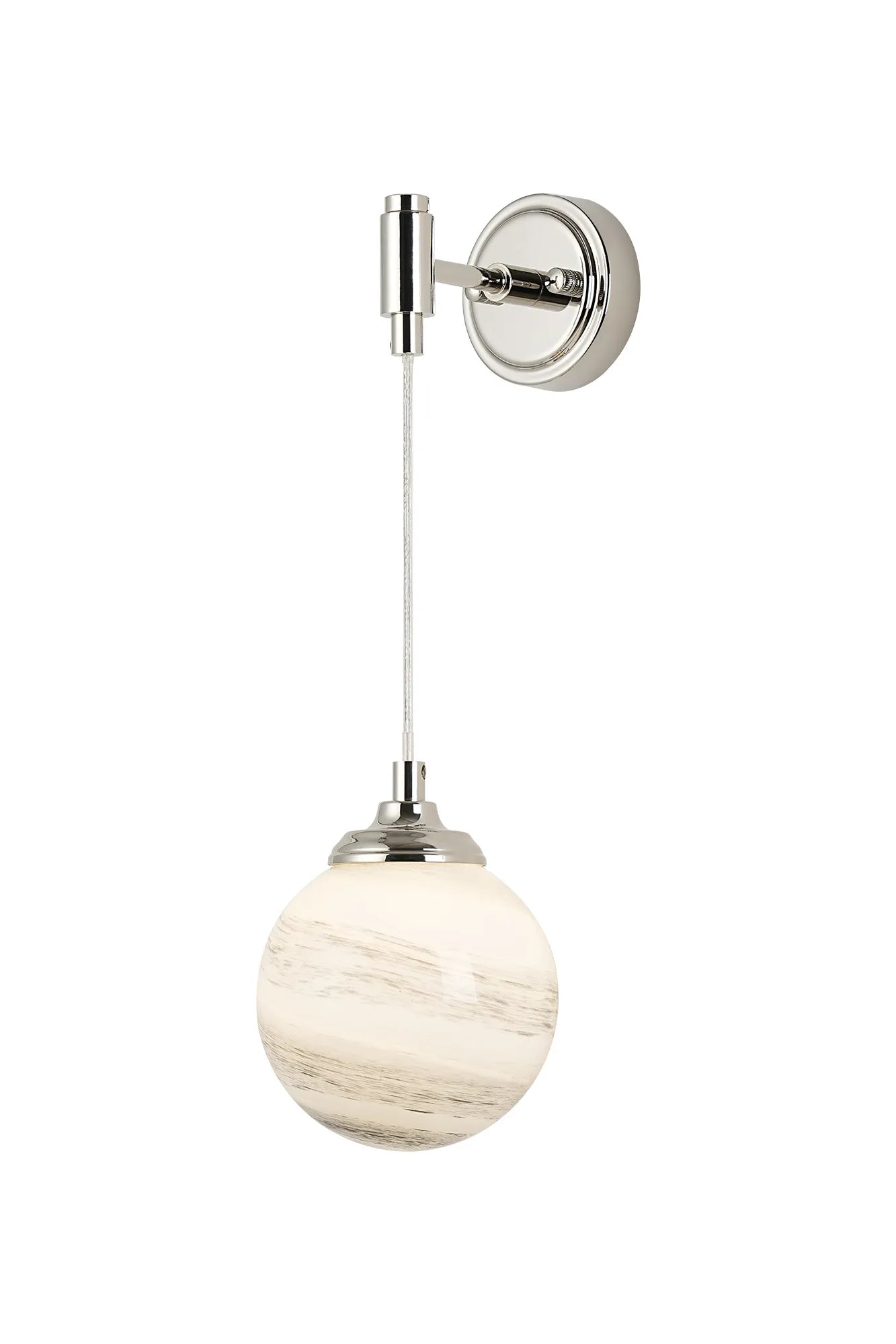 Dene Adjustable Single Wall Light IP44 - Polished Nickel & Grey & White Round Marble Effect Glass