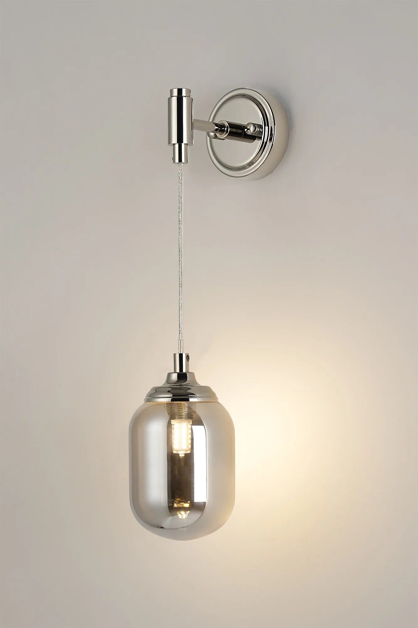 Dene Adjustable Single Wall Light IP44 - Polished Nickel & Smoke Smooth Tubular Glass