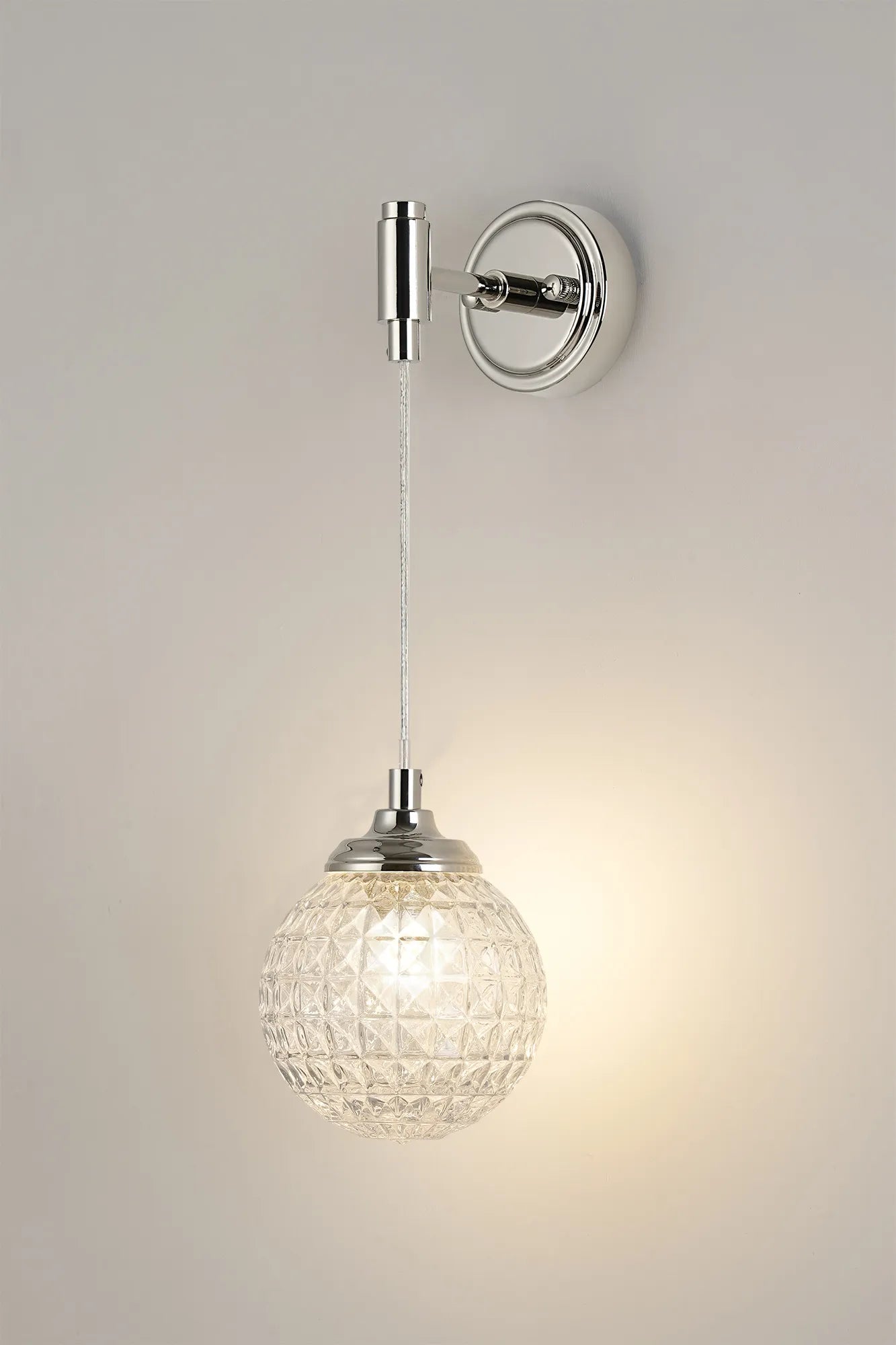 Dene Adjustable Single Wall Light IP44 - Polished Nickel & Clear Cross Pattern Round Glass