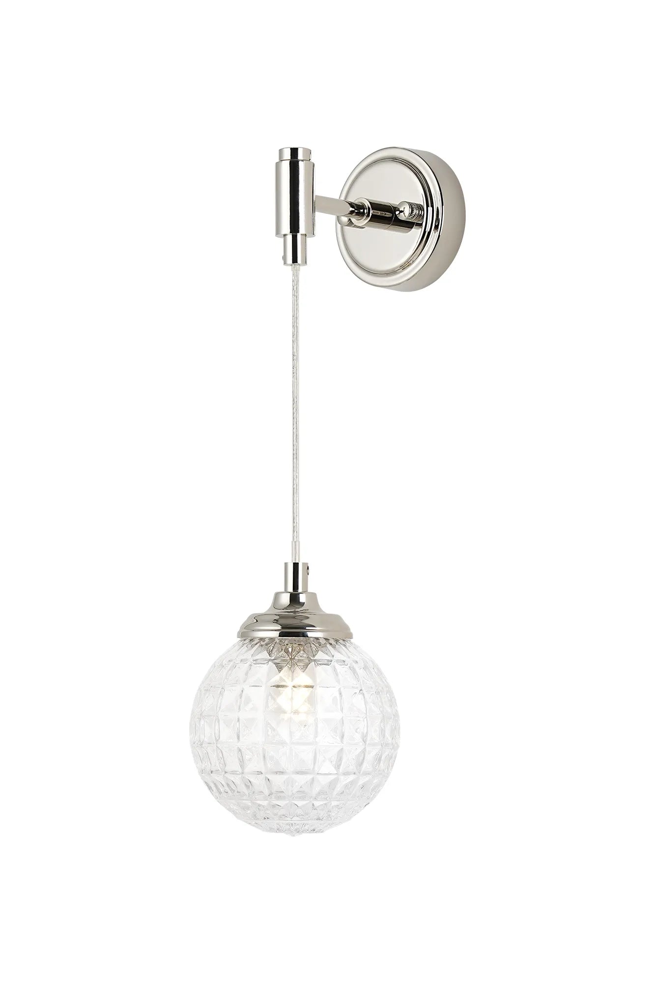 Dene Adjustable Single Wall Light IP44 - Polished Nickel & Clear Cross Pattern Round Glass