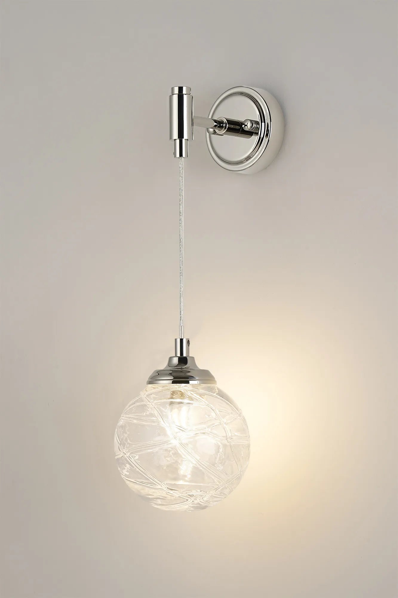 Dene Adjustable Single Wall Light IP44 - Polished Nickel & Clear Dune Effect Round Glass