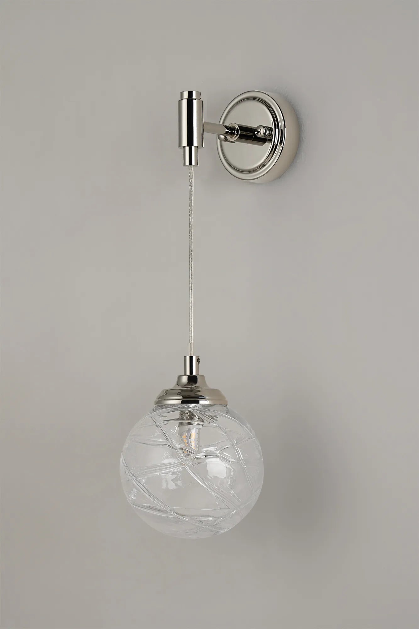 Dene Adjustable Single Wall Light IP44 - Polished Nickel & Clear Dune Effect Round Glass