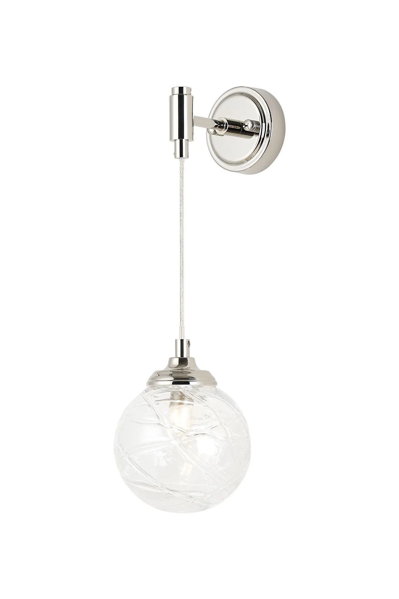 Dene Adjustable Single Wall Light IP44 - Polished Nickel & Clear Dune Effect Round Glass