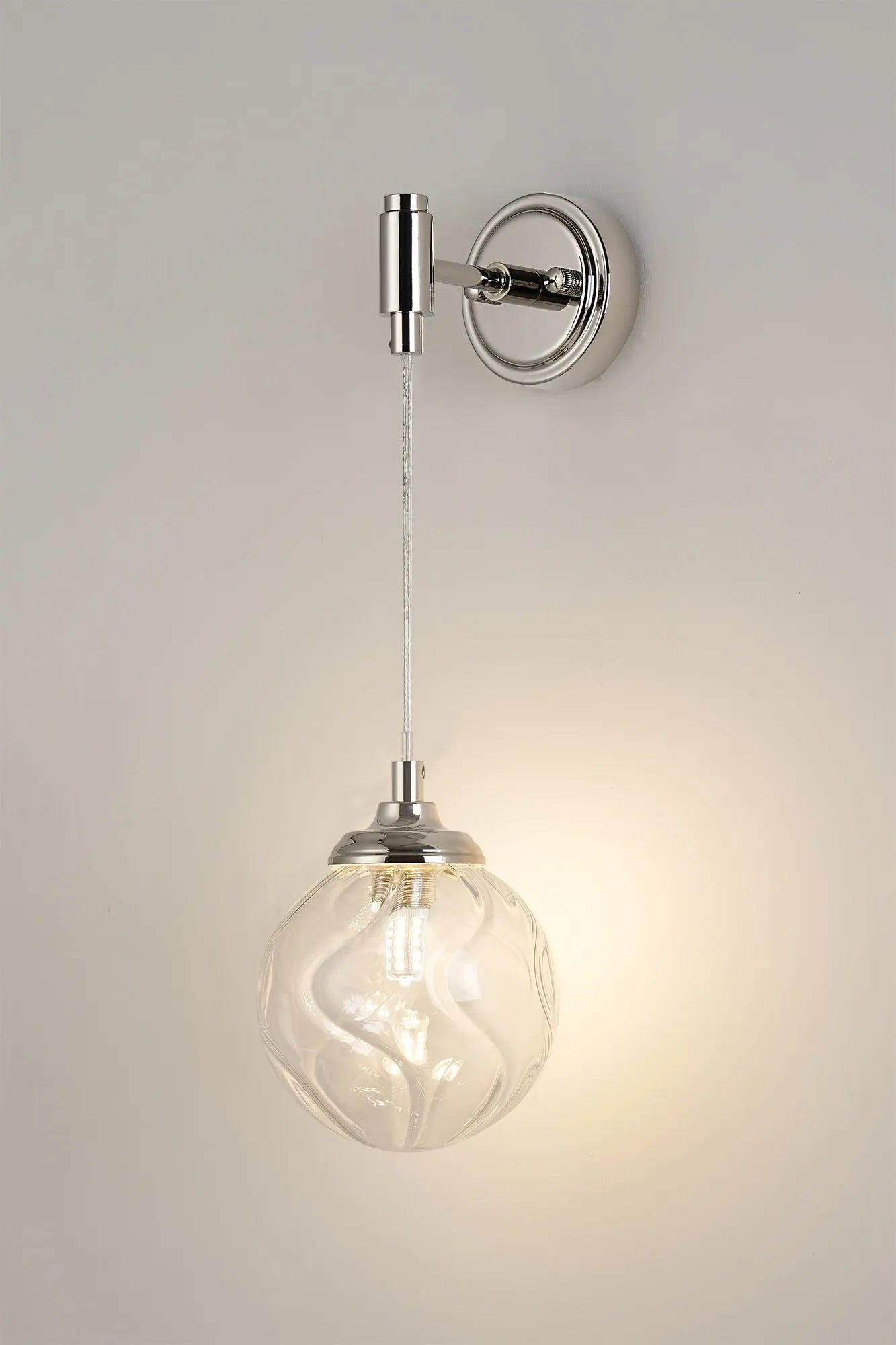 Dene Adjustable Single Wall Light IP44 - Polished Nickel & Clear Waved Round Glass
