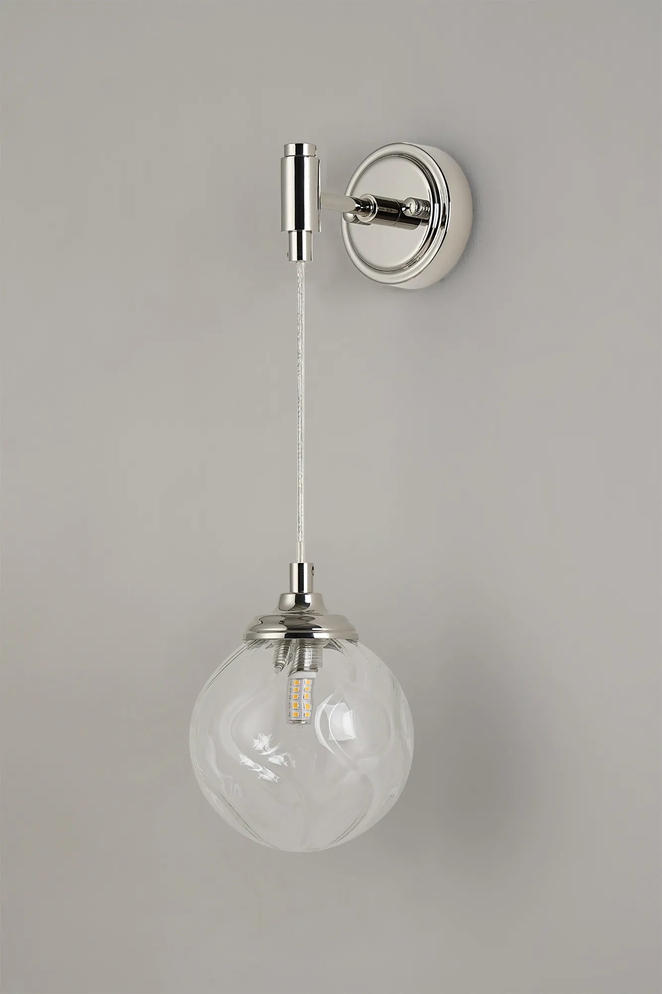Dene Adjustable Single Wall Light IP44 - Polished Nickel & Clear Waved Round Glass