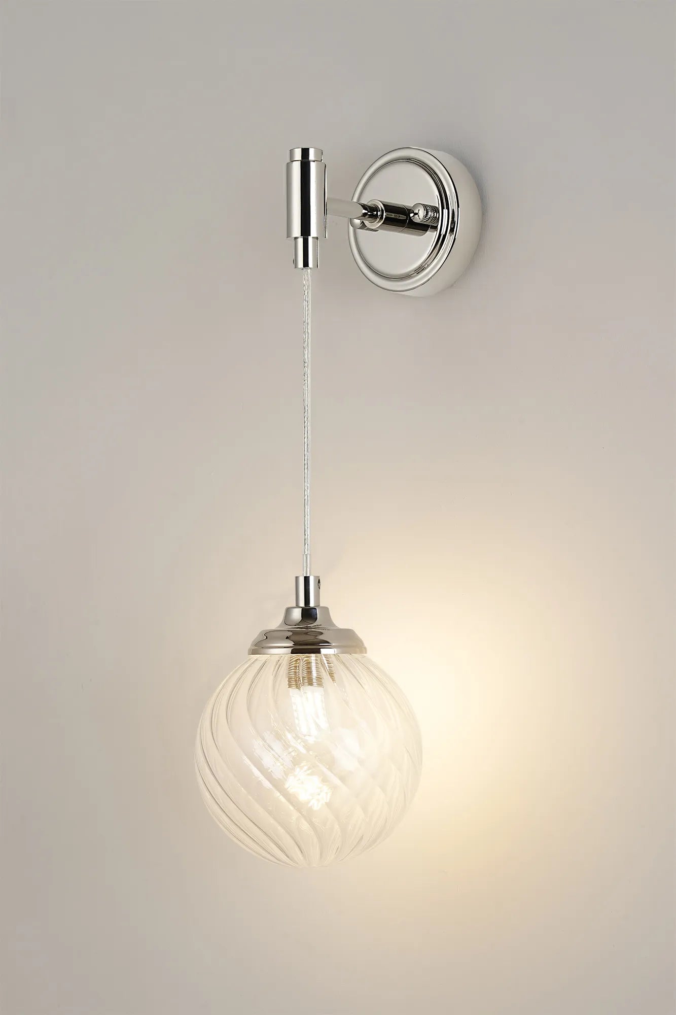 Dene Adjustable Single Wall Light IP44 - Polished Nickel & Clear Swirl Round Glass