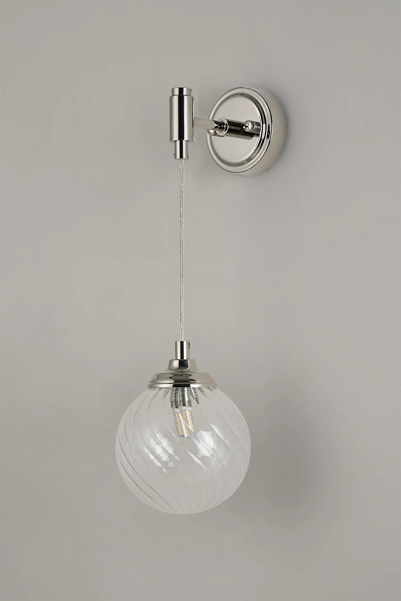 Dene Adjustable Single Wall Light IP44 - Polished Nickel & Clear Swirl Round Glass