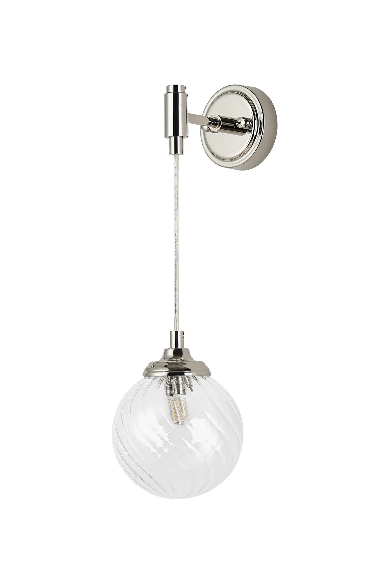Dene Adjustable Single Wall Light IP44 - Polished Nickel & Clear Swirl Round Glass